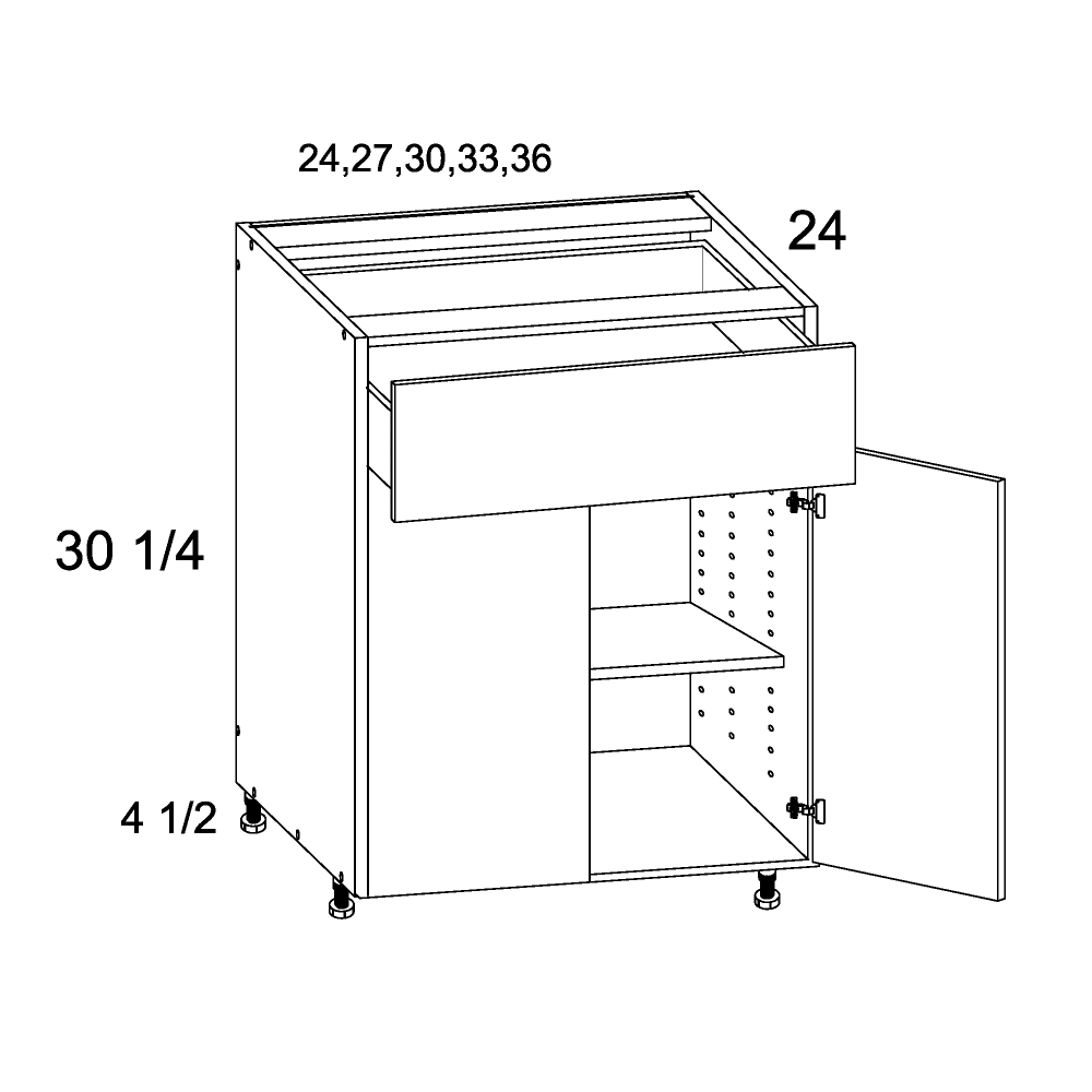 Torino Dark Wood Double Door Single Drawer Bases - official cabinet dimensions