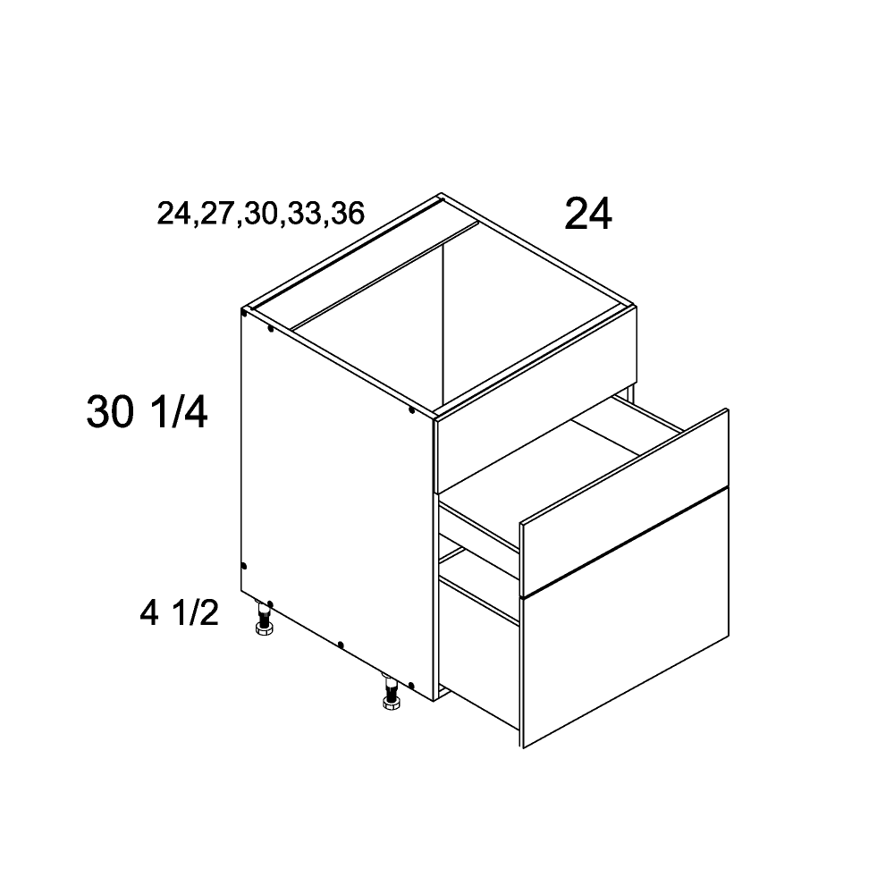 Torino Dark Wood Two Drawer With One False Front Range Bases - official cabinet dimensions