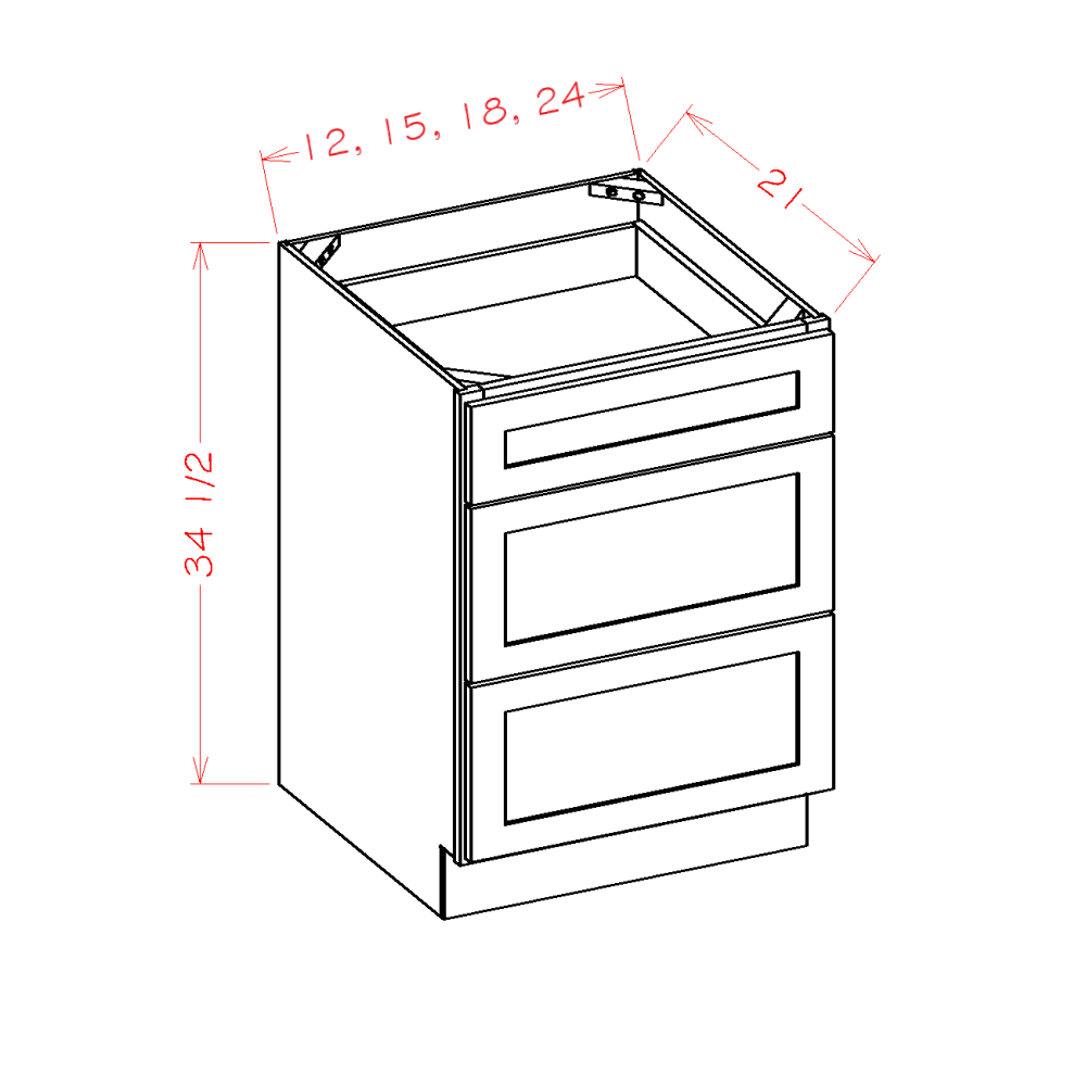 Oxford White 12" x 34.5" Three Drawer Vanity Base Cabinet (3VDB12)