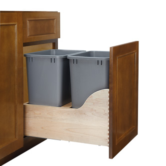 Bottom Mount Maple Pullout w/ Double 35 qt Waste Containers and Blum Soft-Close - Fits a Base 18, includes two silver trash bins, door mount kit not needed