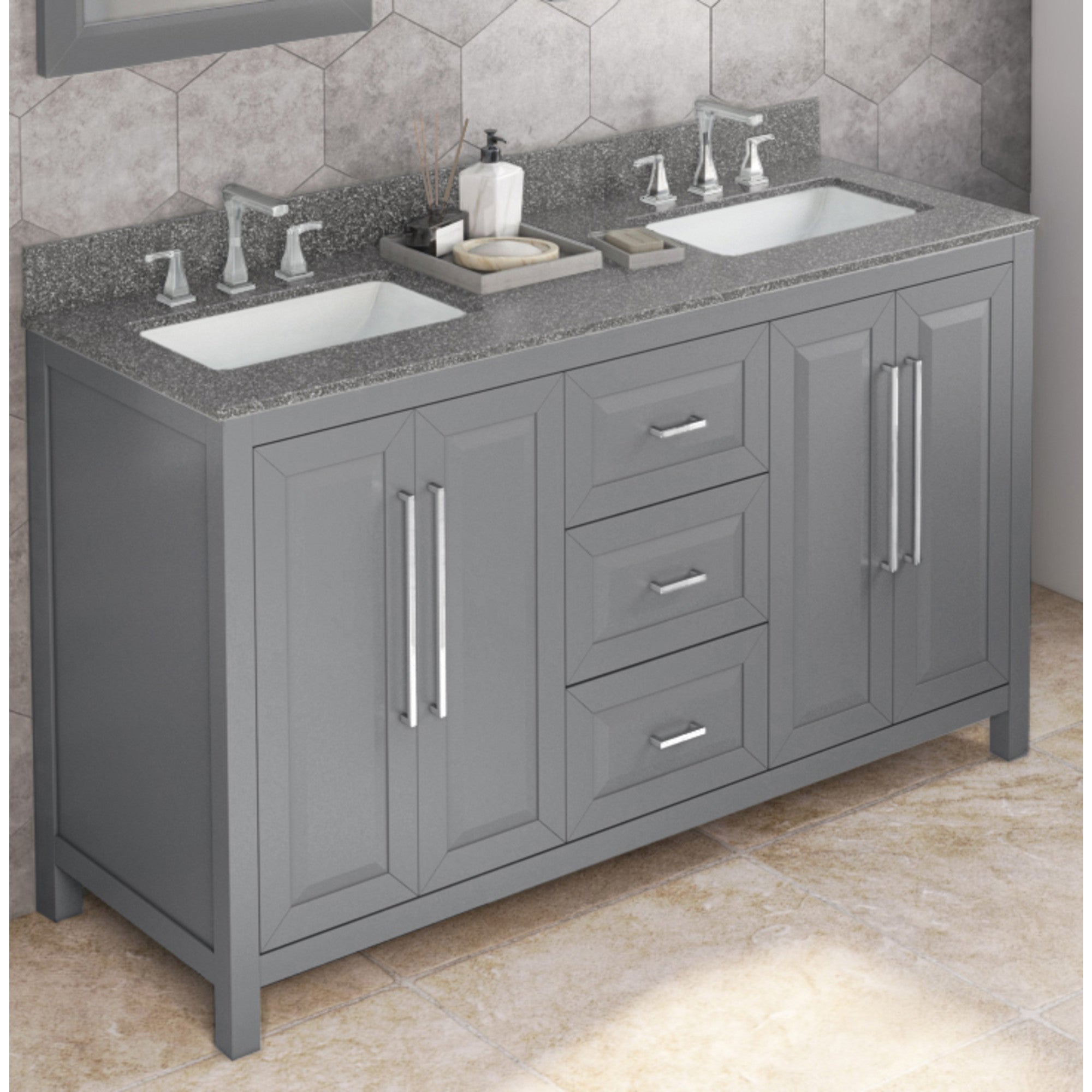 60" Grey Cade Vanity, double bowl, Boulder Cultured Marble Vanity Top, undermount rectangle bowl