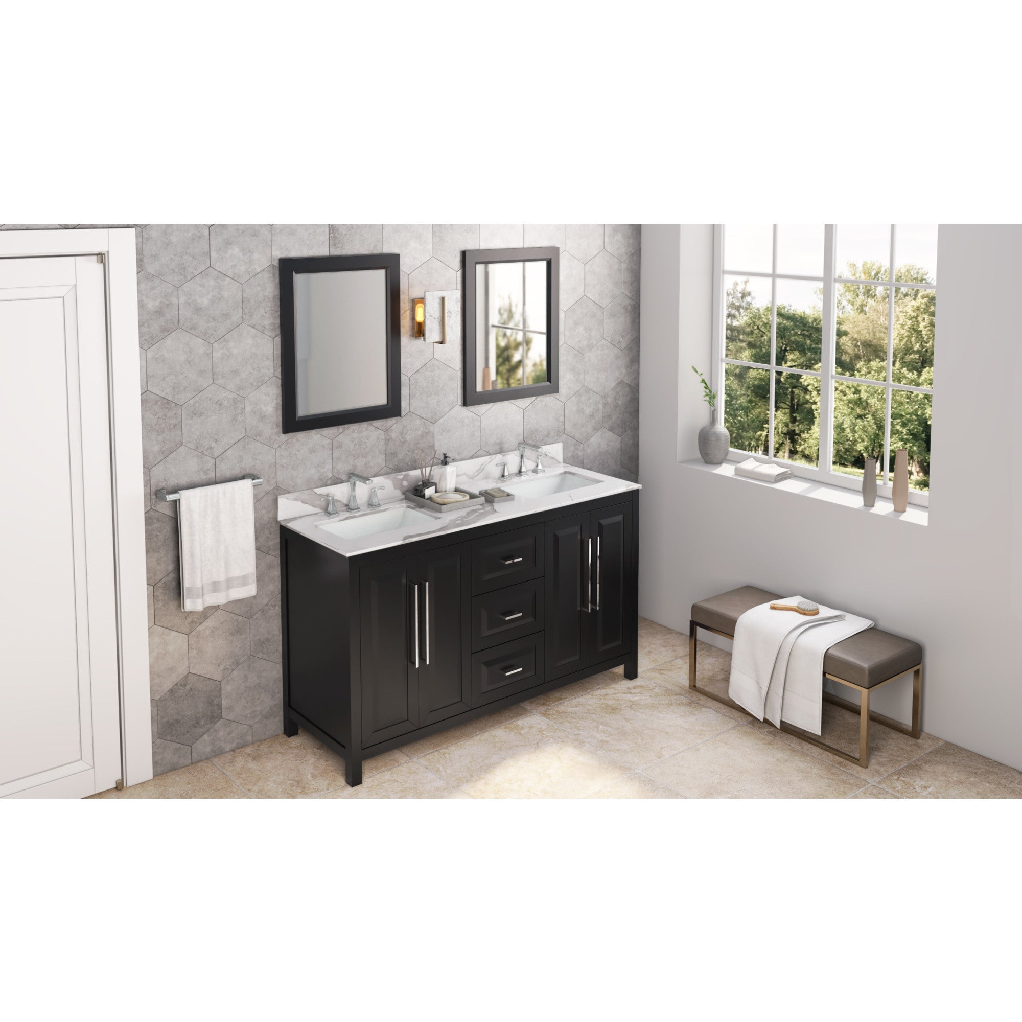 60" Cade Vanity – Double Bowl - Black - Calacatta Vienna Quartz