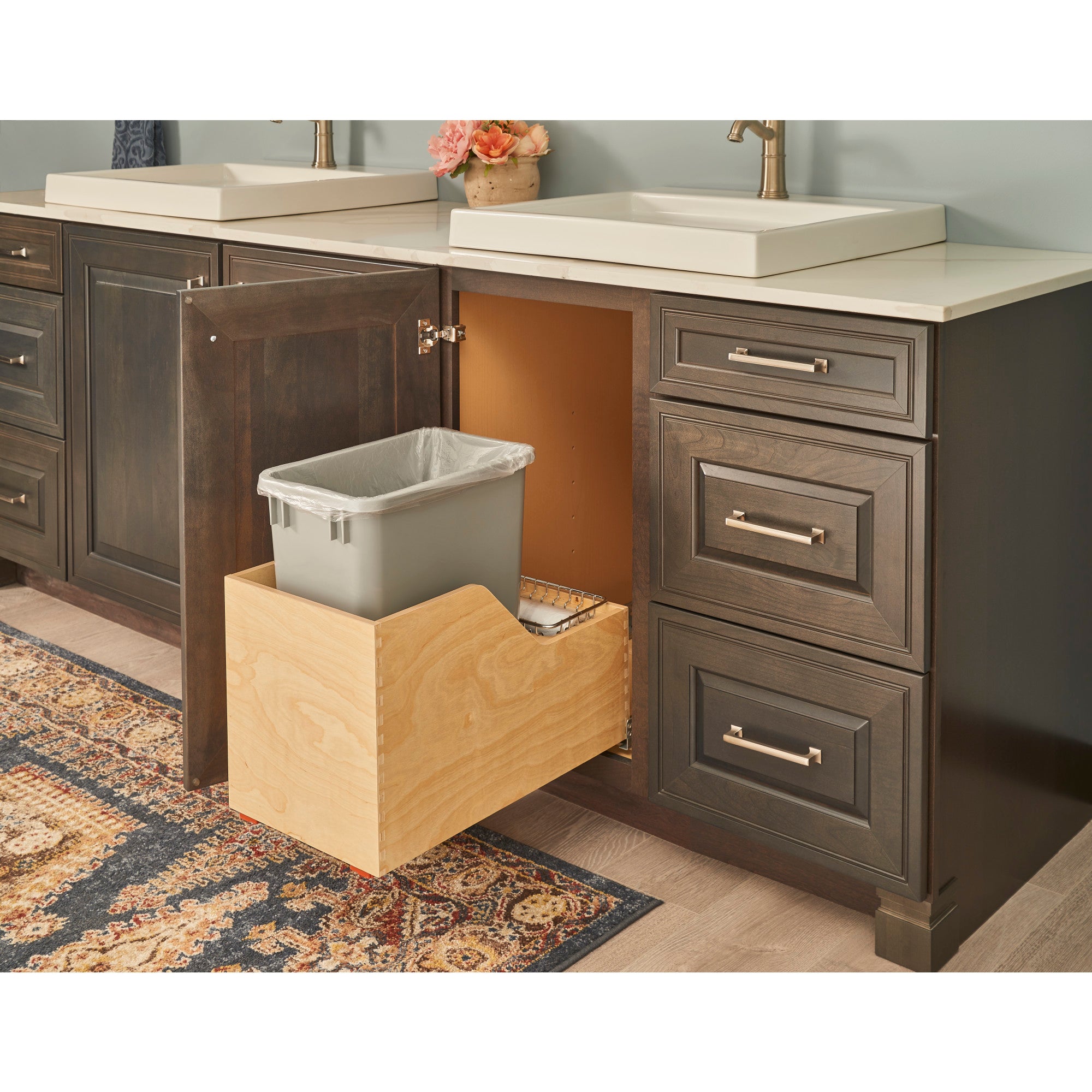 Single 35 Quart Wood Bottom-Mount Soft-close Trashcan Rollout for Hinged Doors, Includes Grey Can