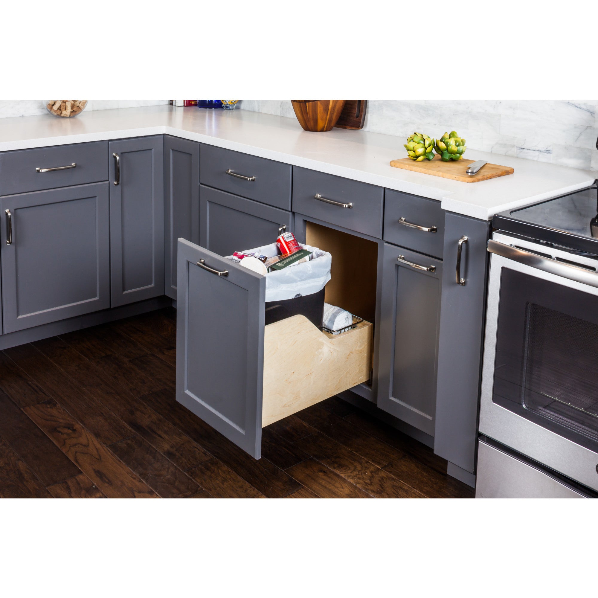 Single 35 Quart Wood Bottom-Mount Soft-close Trashcan Rollout for Door Mounting, Includes One Black Can