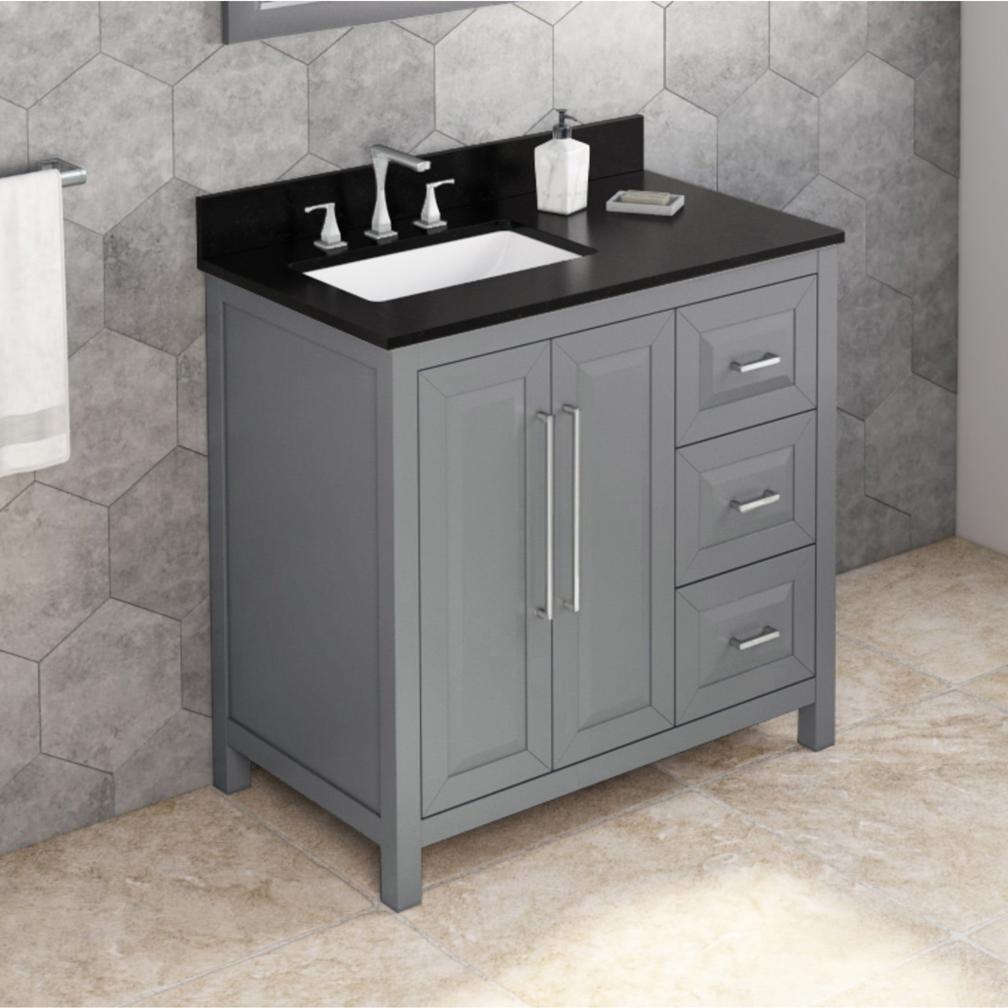 36" Grey Cade Vanity, left offset, Black Granite Vanity Top, undermount rectangle bowl