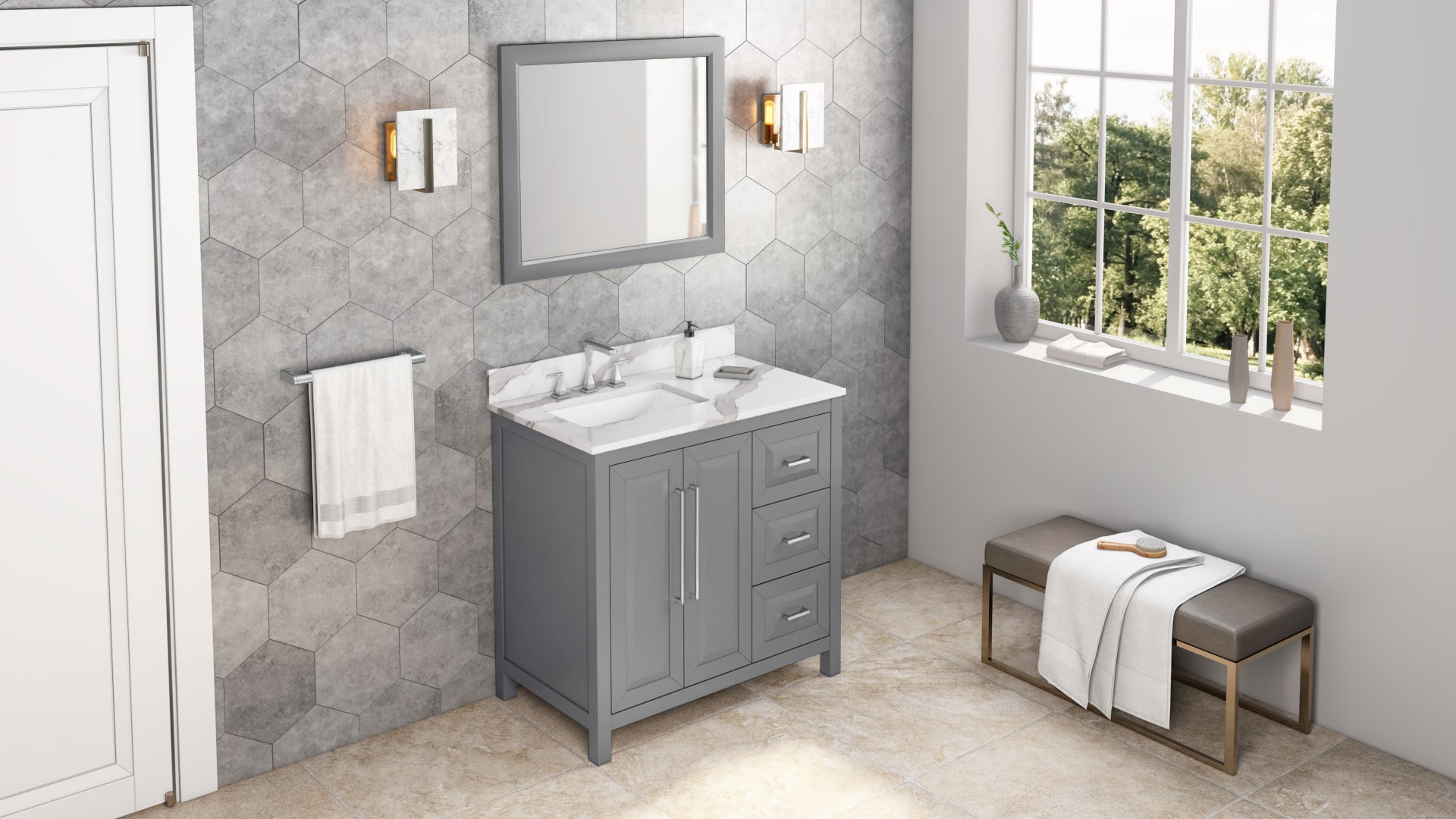 36" Grey Cade Vanity, left offset, Calacatta Vienna Quartz Vanity Top, undermount rectangle bowl
