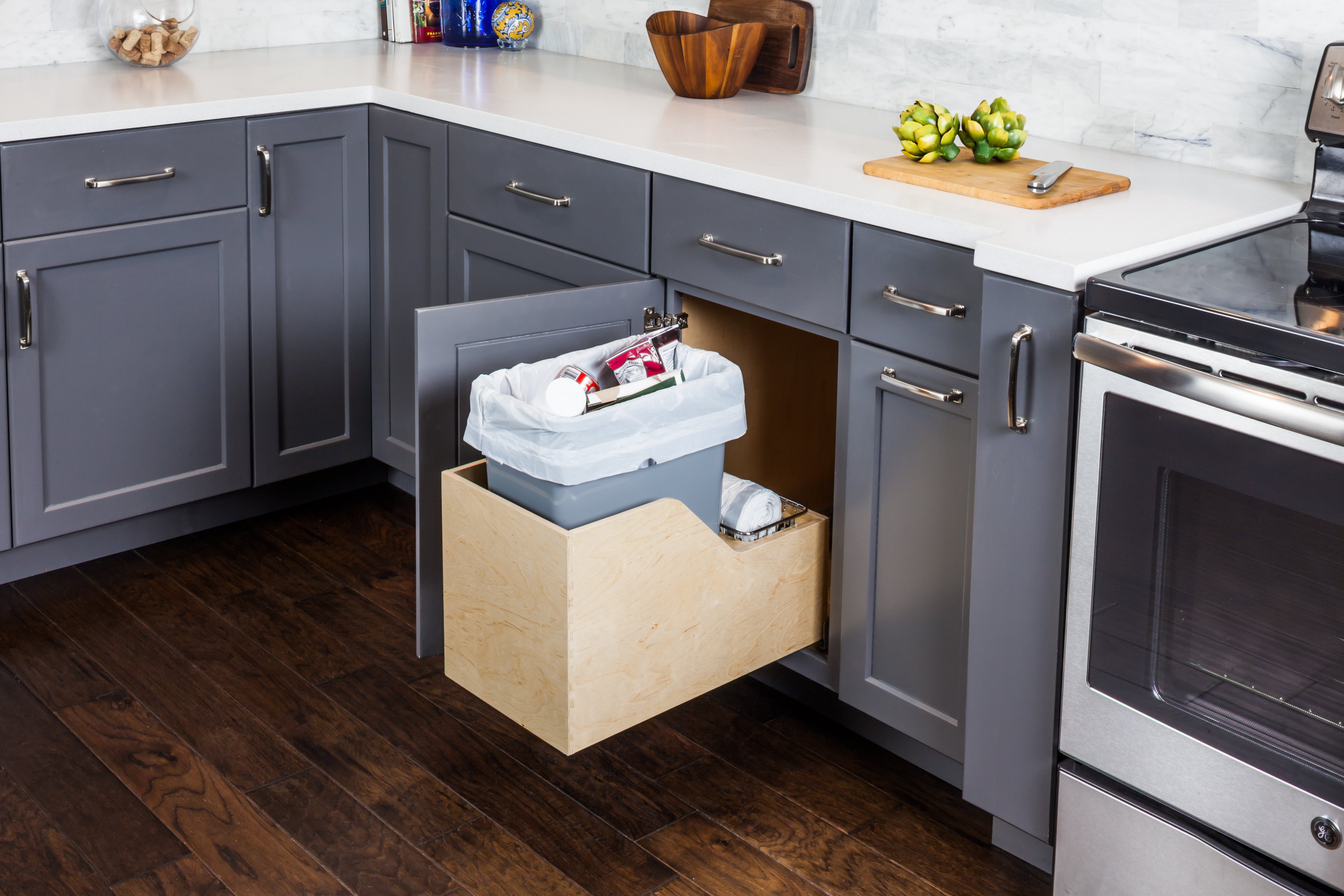 Single 35 Quart Wood Bottom-Mount Soft-close Trashcan Rollout for Hinged Doors, Includes Grey Can