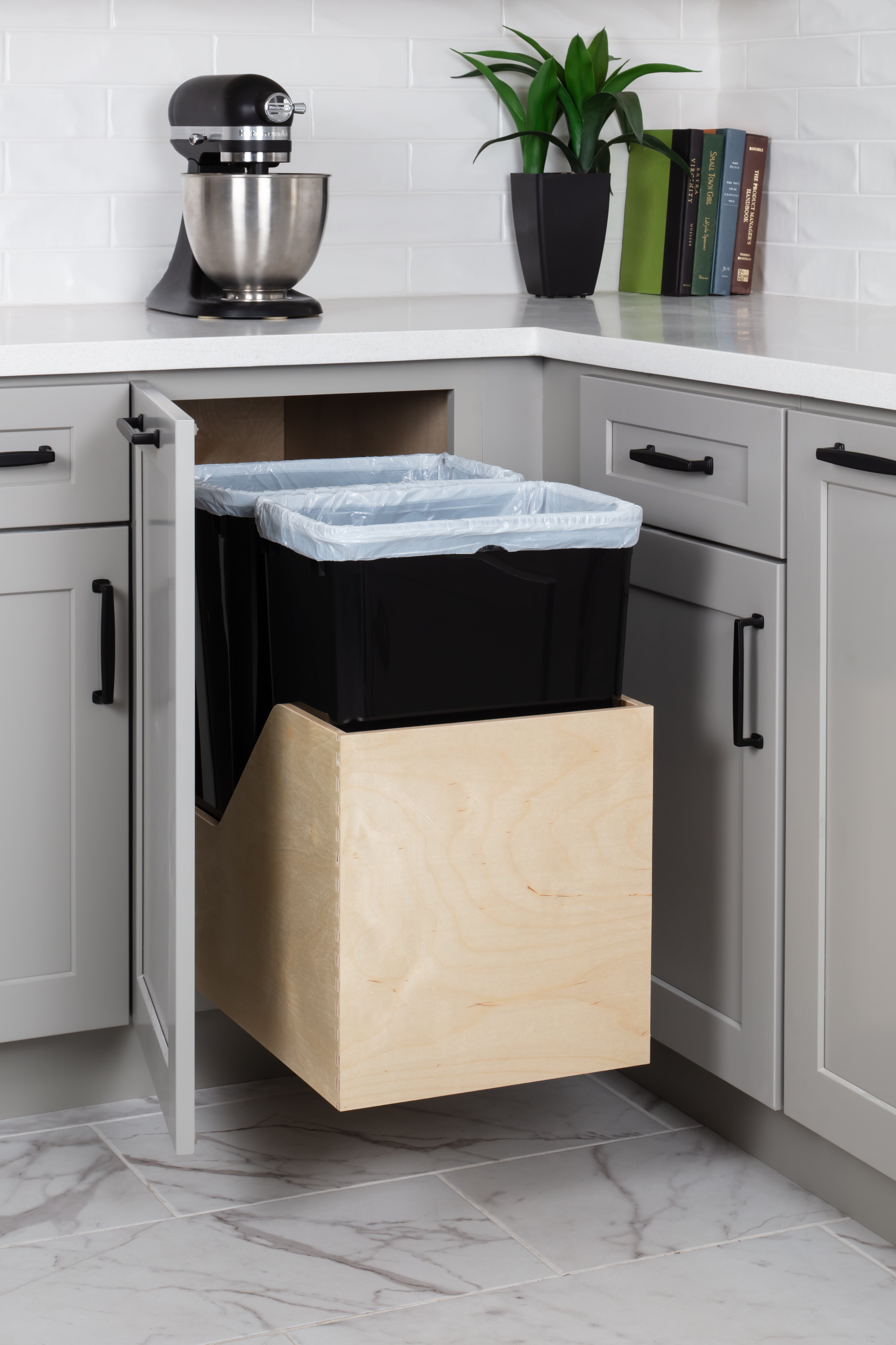 Double 50 Quart Wood Bottom-Mount Soft-close Trashcan Rollout for Hinged Doors, Includes Two Black Cans
