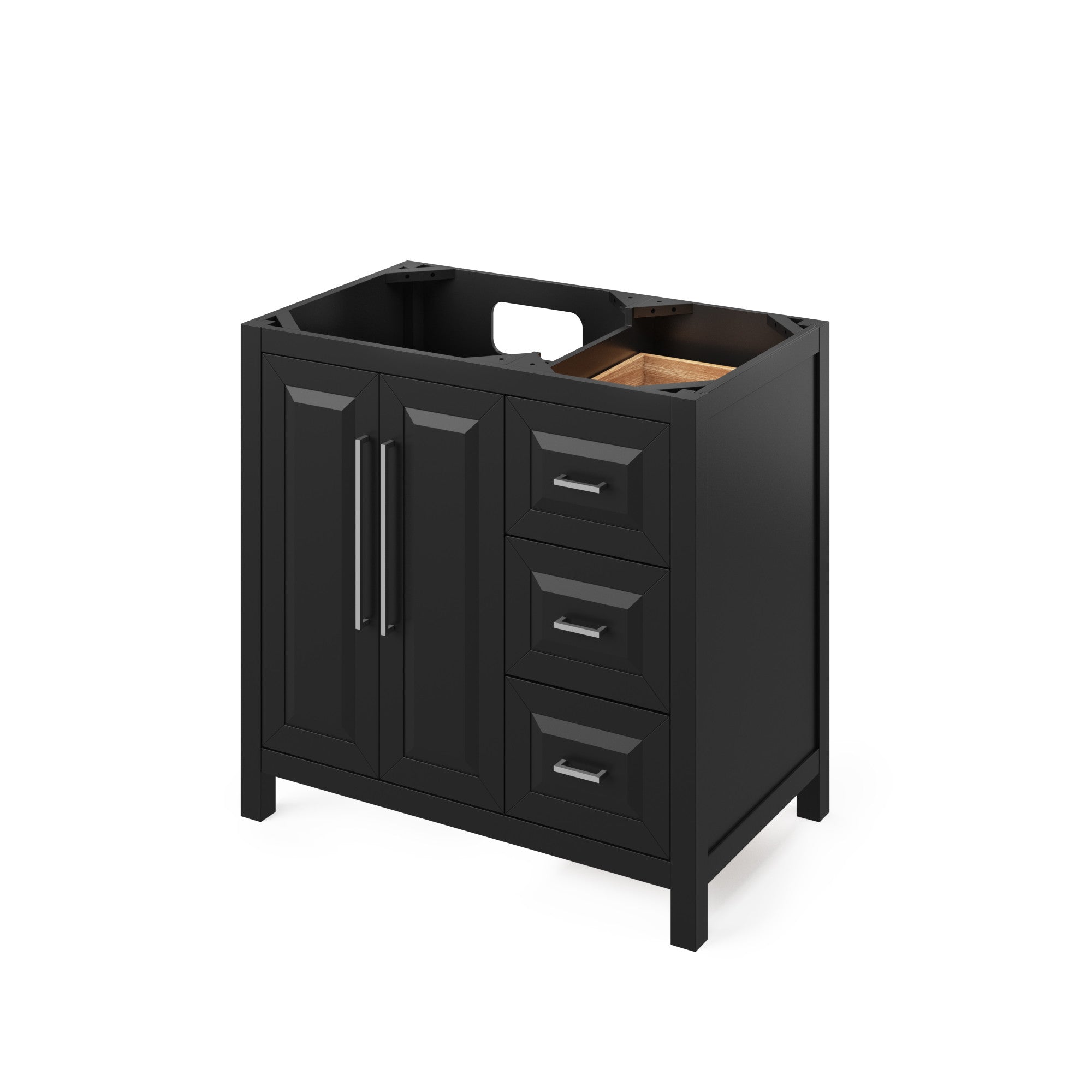 36" Black Cade Vanity, left offset, Steel Grey Cultured Marble Vanity Top, undermount rectangle bowl