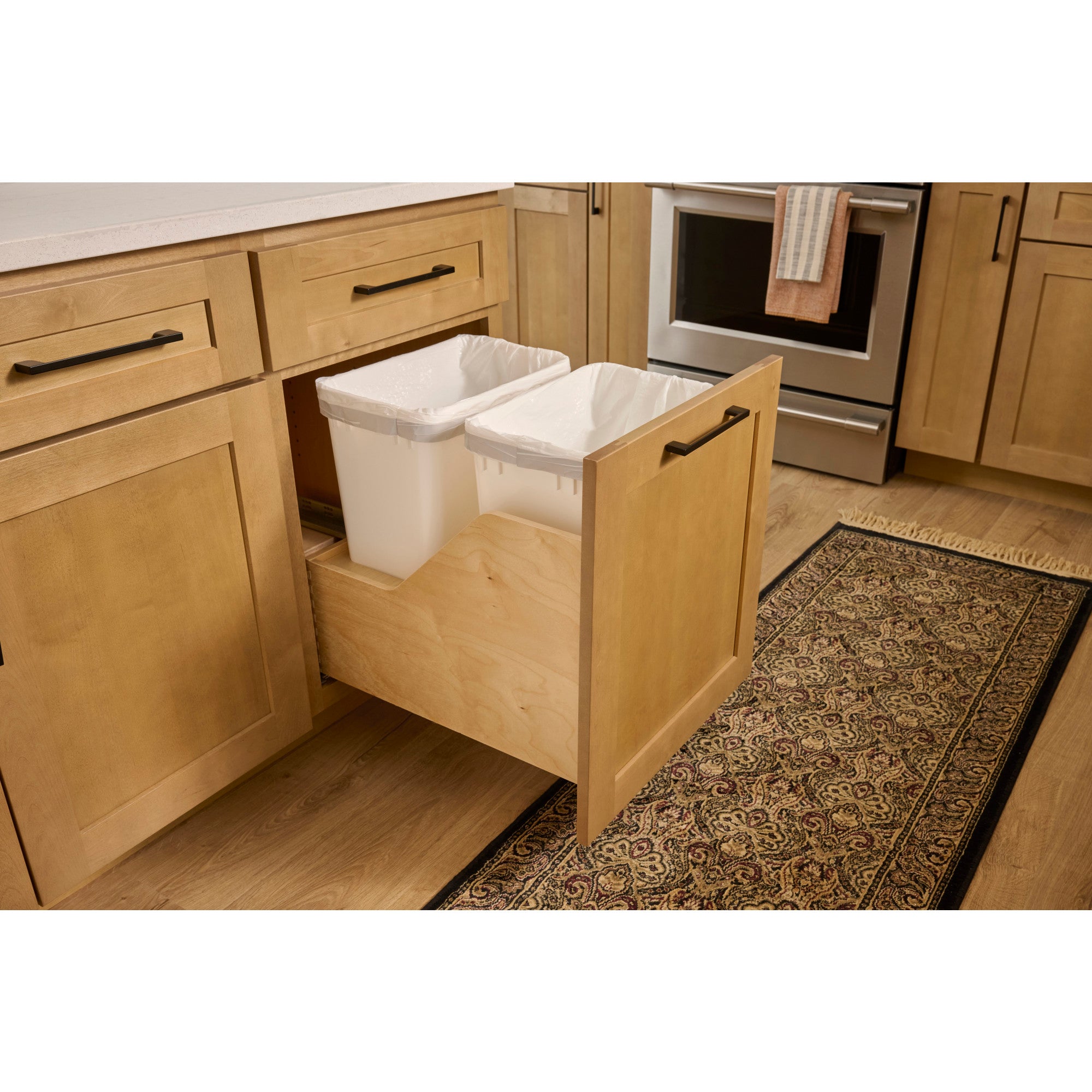 Double 35 Quart Wood Bottom-Mount Soft-close Trashcan Rollout for Door Mounting, Includes Two White Cans