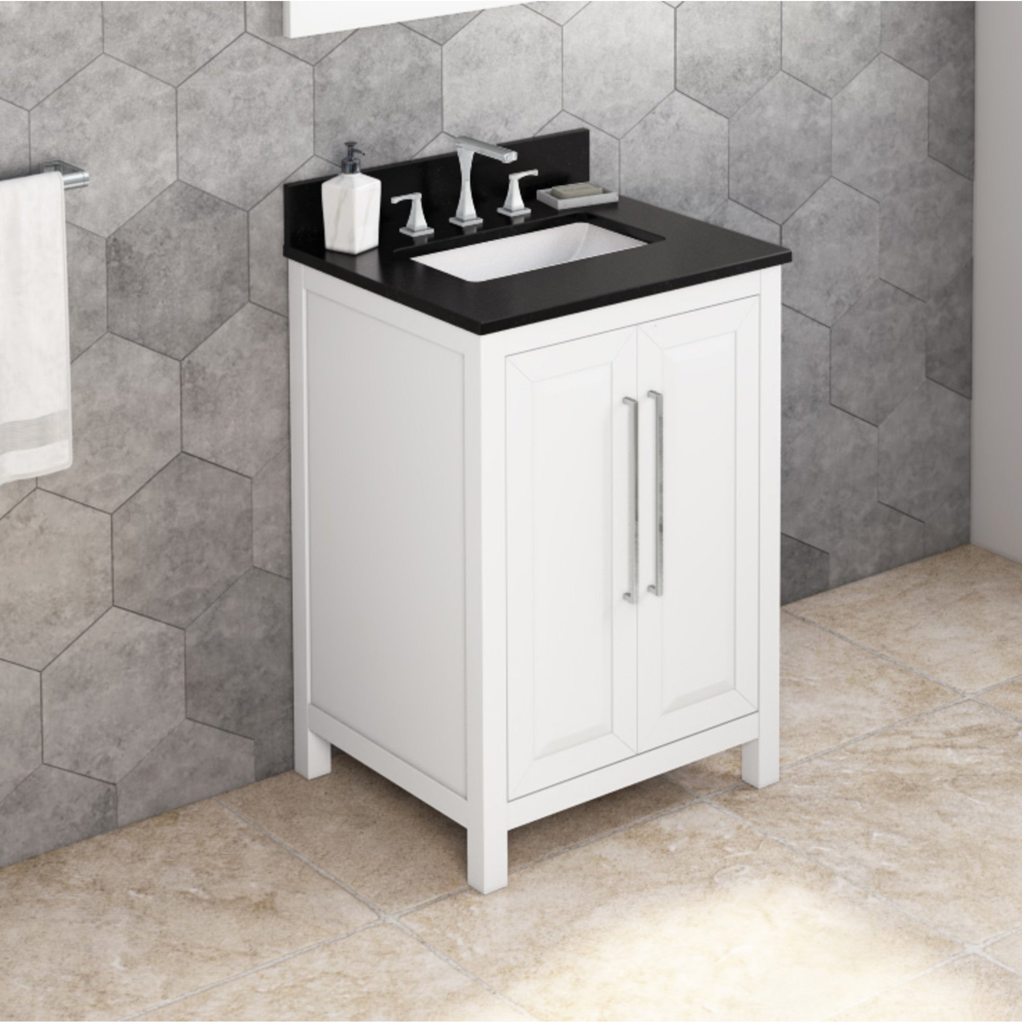 24" White Cade Vanity, Black Granite Vanity Top, undermount rectangle bowl