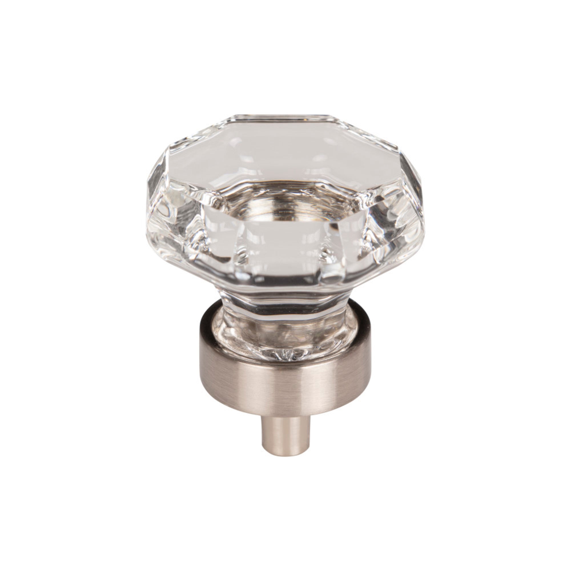 Clear Octagon Crystal 1 3/8" Diameter Round Knob - Brushed Satin Nickel