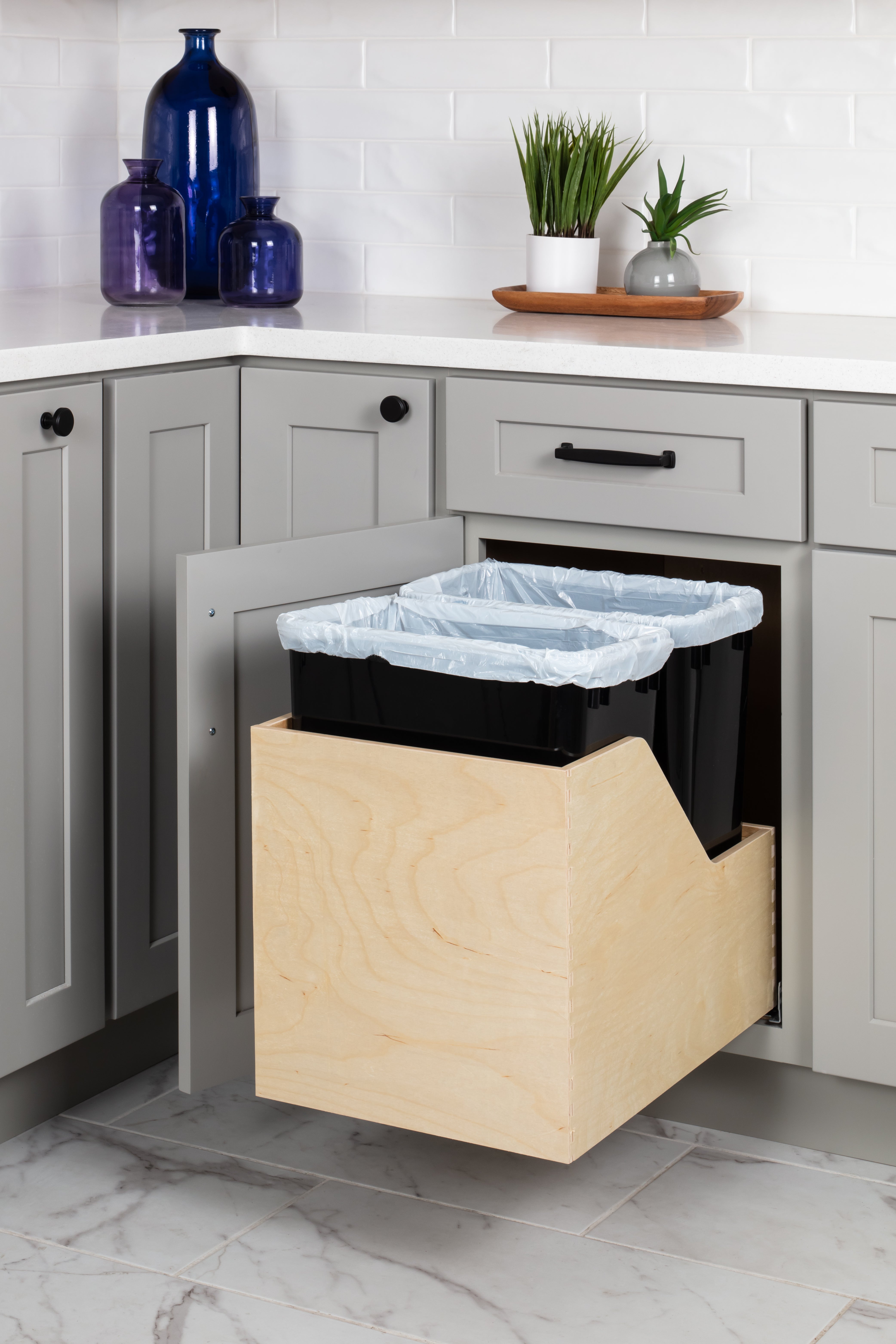 Double 35 Quart Wood Bottom-Mount Soft-close Trashcan Rollout for Hinged Doors, Includes Two Black Cans