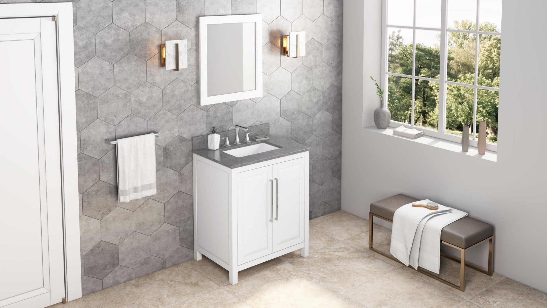 30" White Cade Vanity, Steel Grey Cultured Marble Vanity Top, undermount rectangle bowl