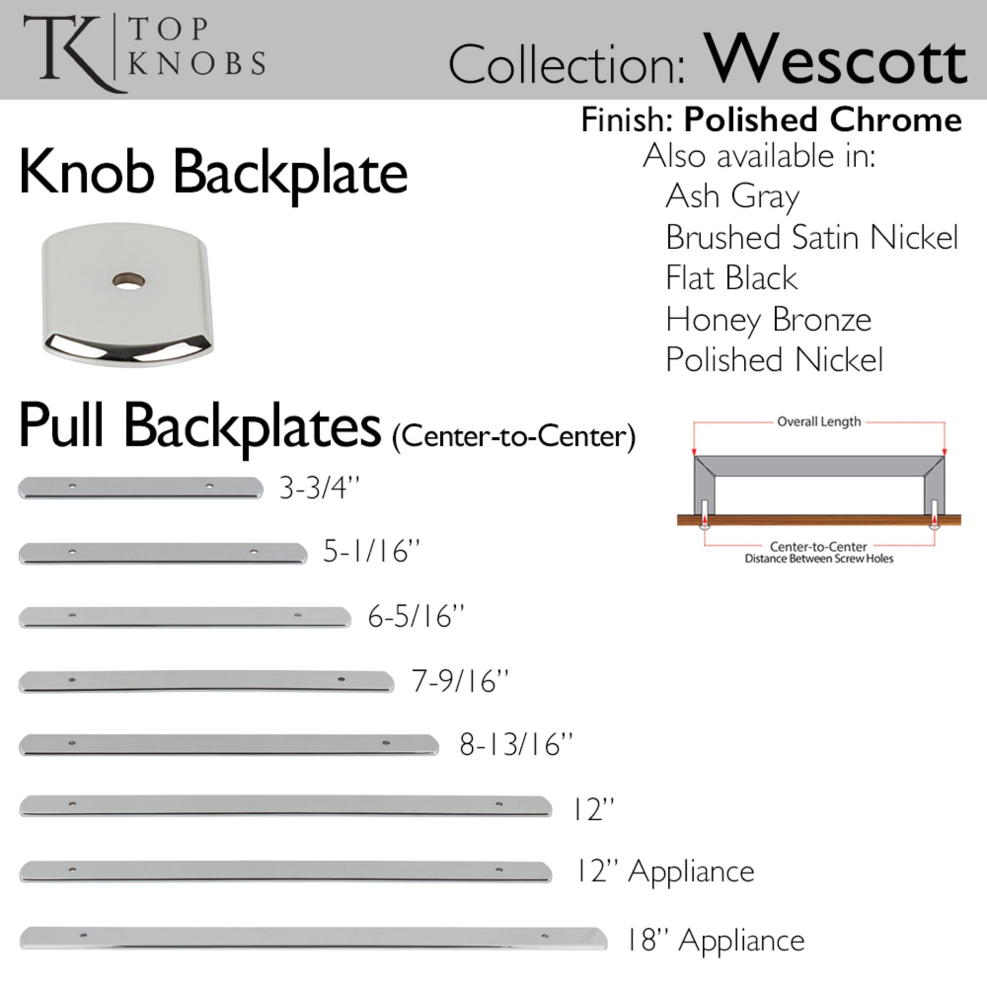 Wescott 12" Center to Center Pull Backplate - Polished Chrome