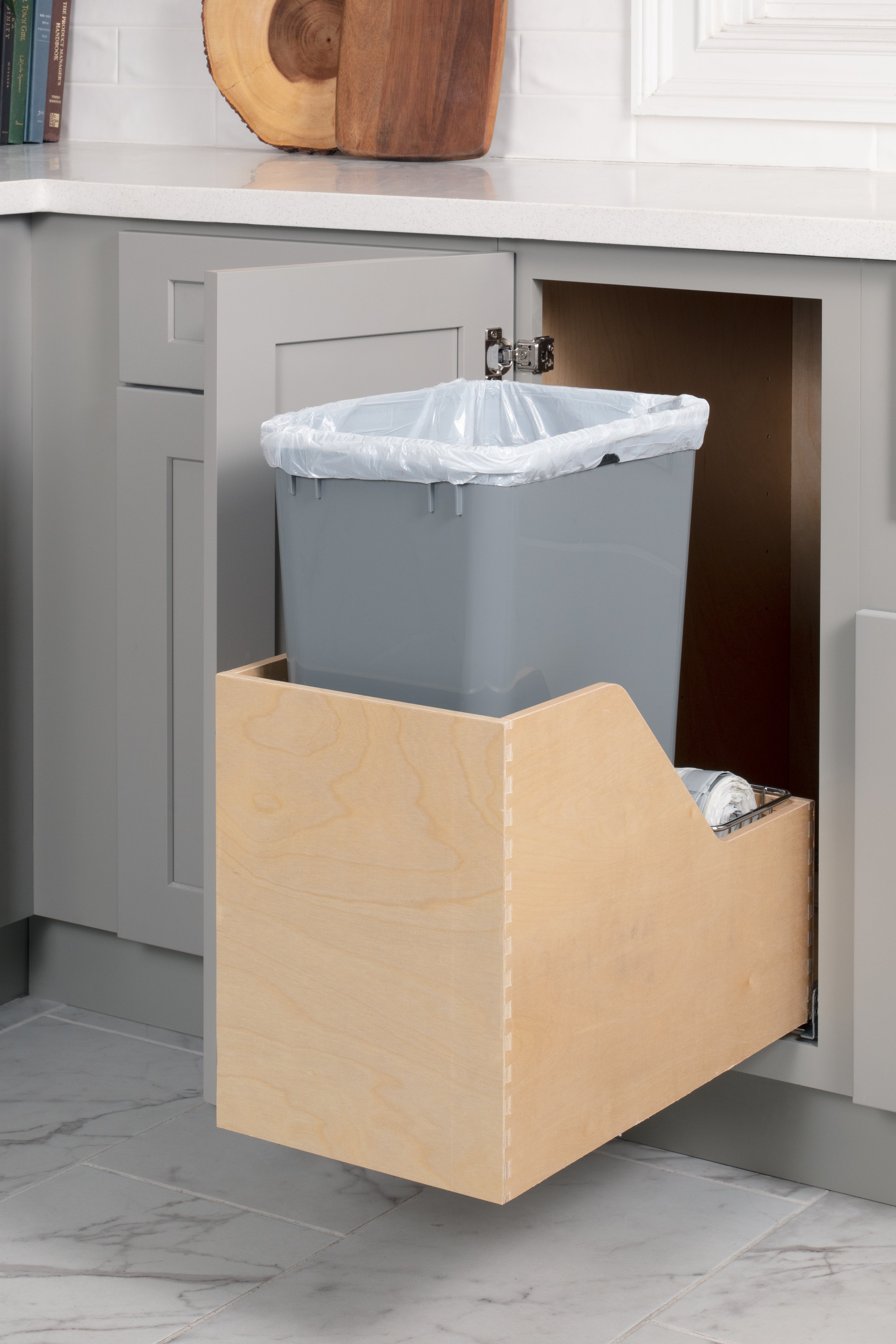 Single 50 Quart Wood Bottom-Mount Soft-close Trashcan Rollout for Hinged Doors, Includes One Grey Can