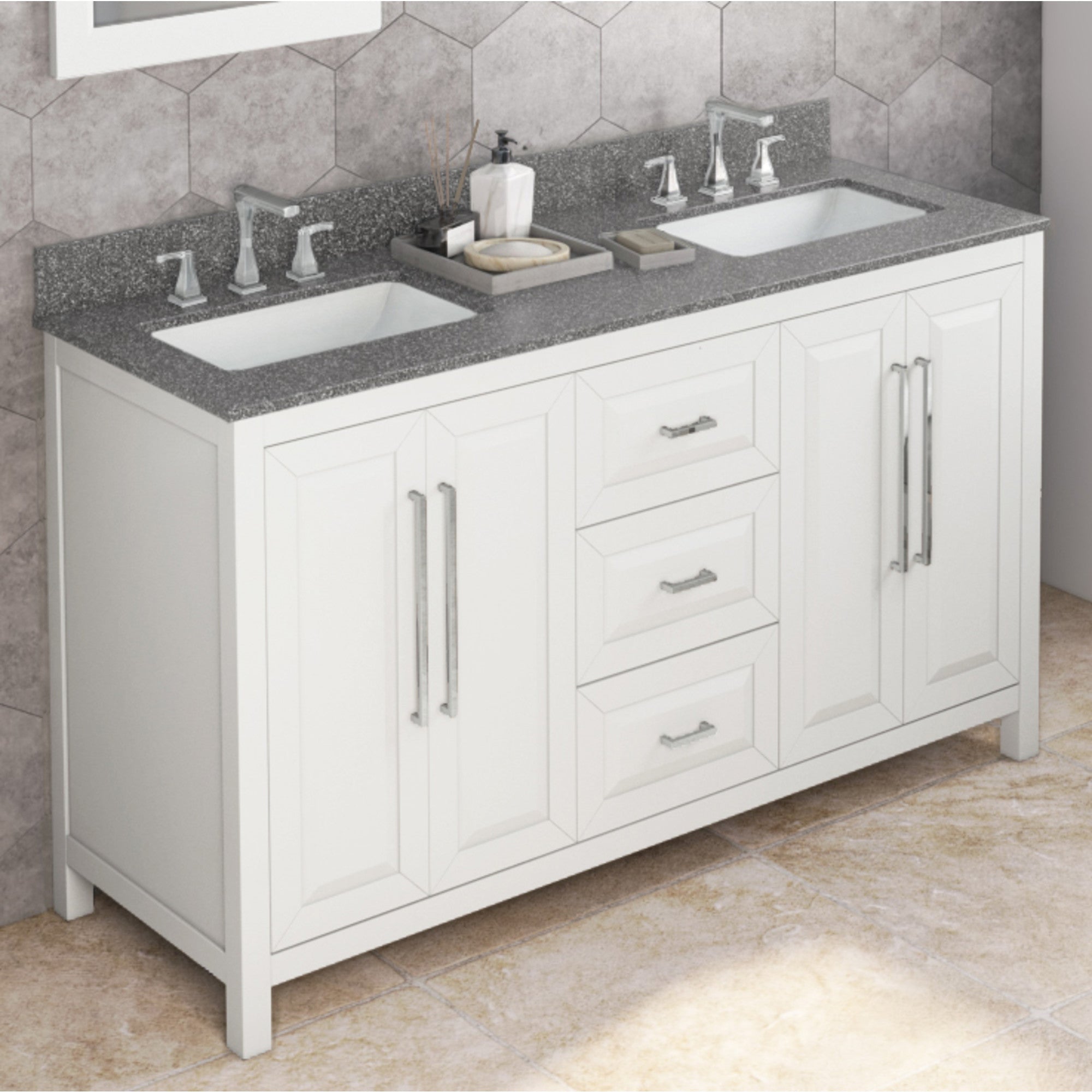 60" White Cade Vanity, double bowl, Boulder Cultured Marble Vanity Top, undermount rectangle bowl