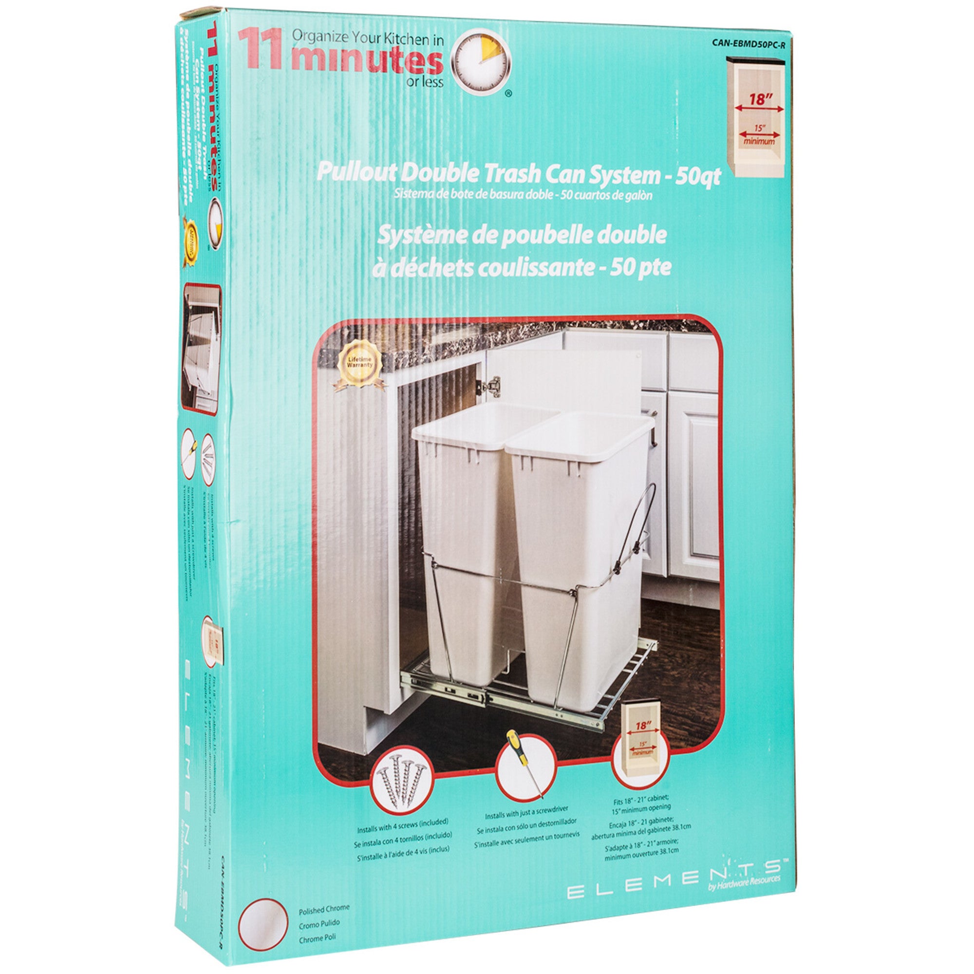 Double 50 Quart Polished Chrome Wire Bottom-Mount Trashcan Pullout