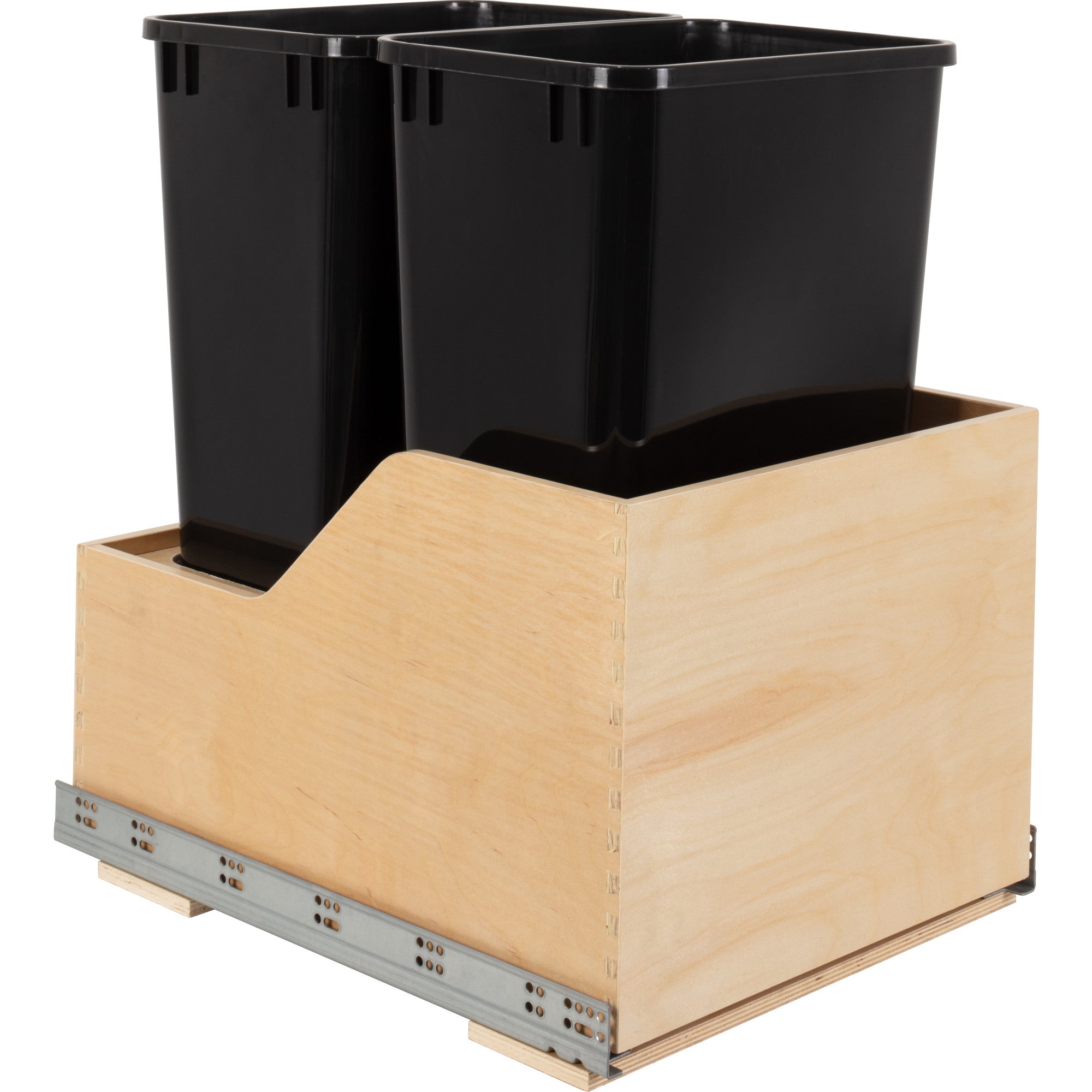 Double 50 Quart Wood Bottom-Mount Soft-close Trashcan Rollout for Hinged Doors, Includes Two Black Cans