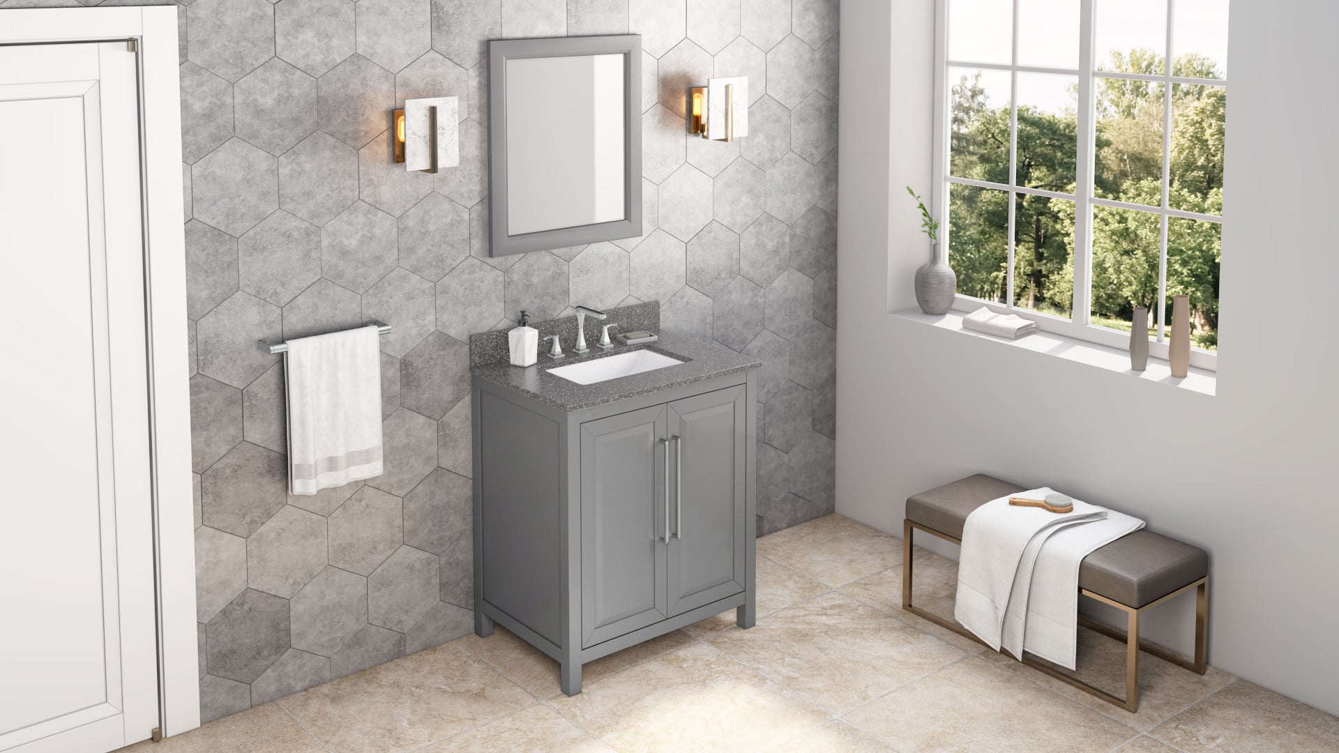 30" Grey Cade Vanity, Boulder Cultured Marble Vanity Top, undermount rectangle bowl