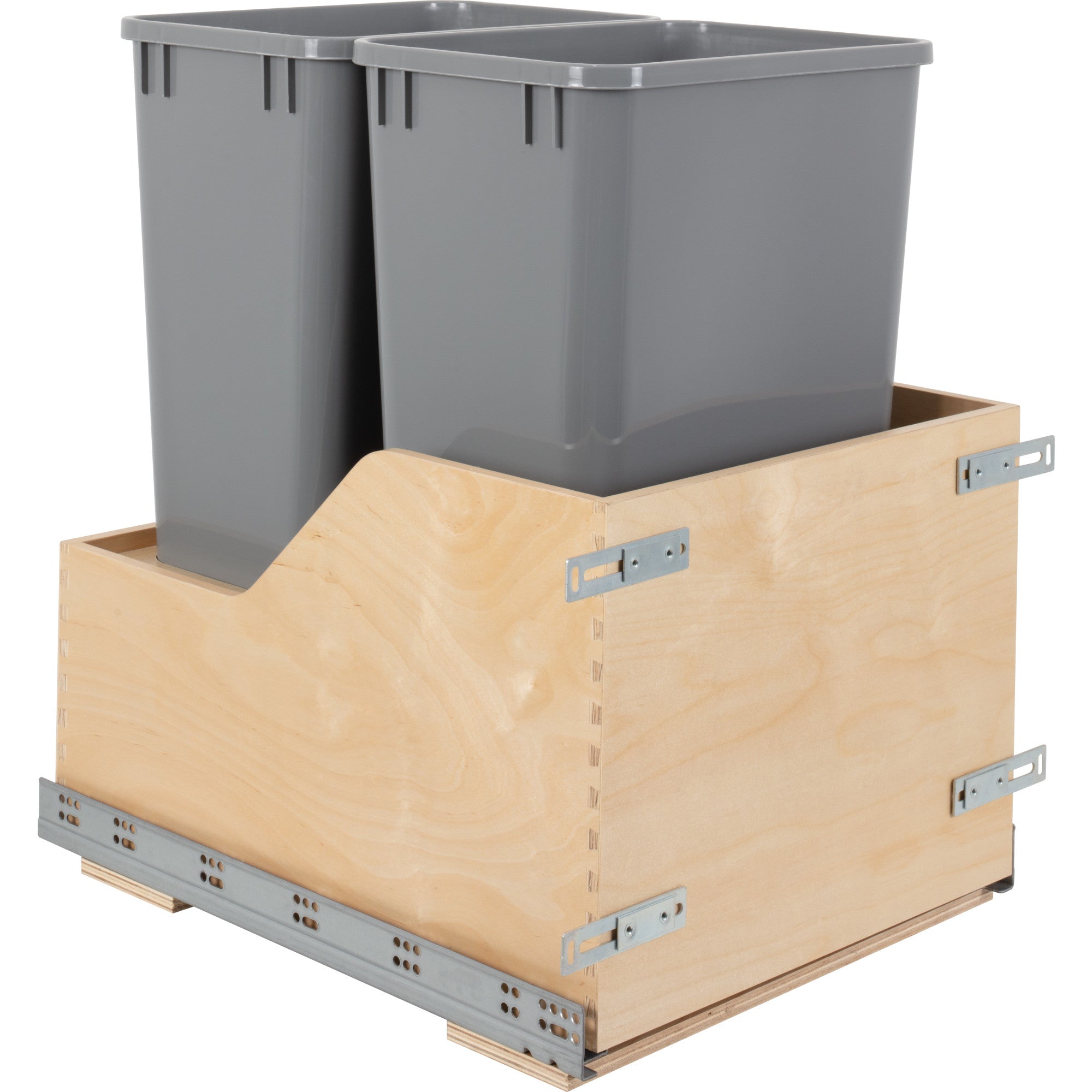 Double 50 Quart Wood Bottom-Mount Soft-close Trashcan Rollout for Door Mounting, Includes Two Grey Cans