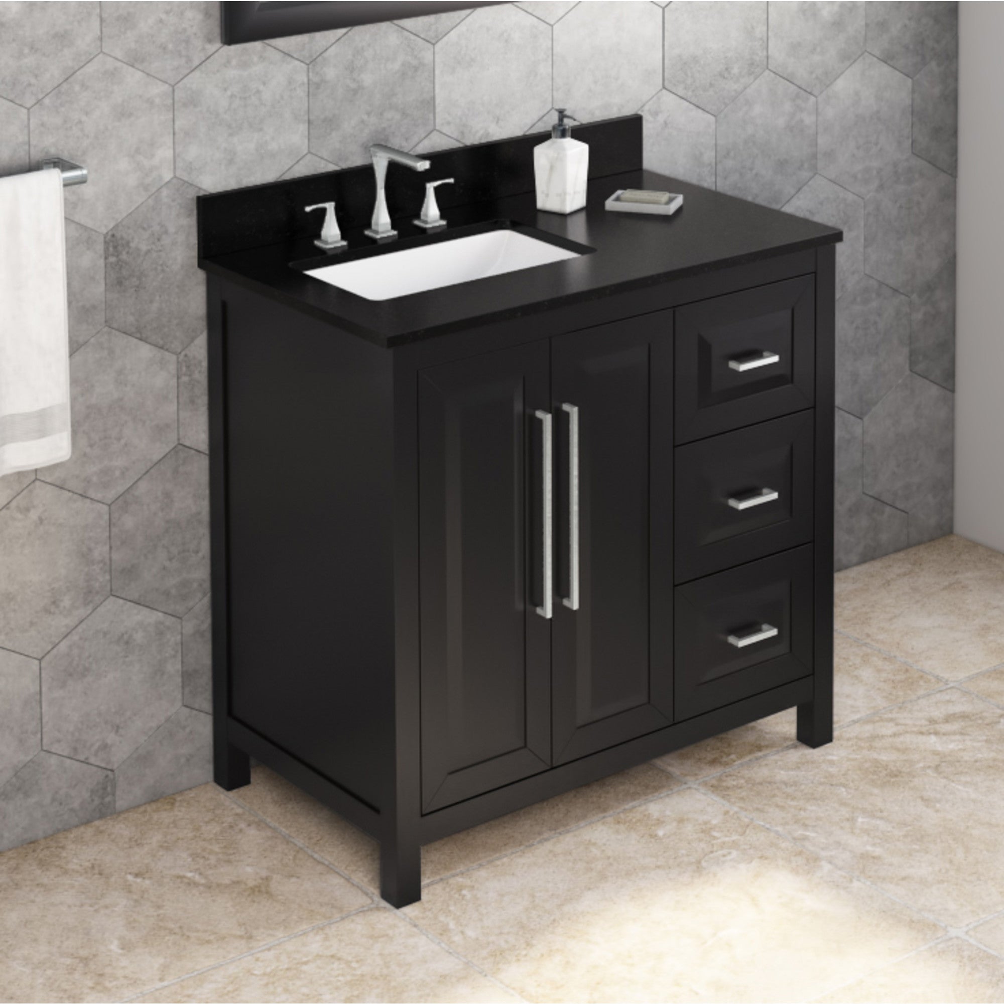 36" Black Cade Vanity, left offset, Black Granite Vanity Top, undermount rectangle bowl