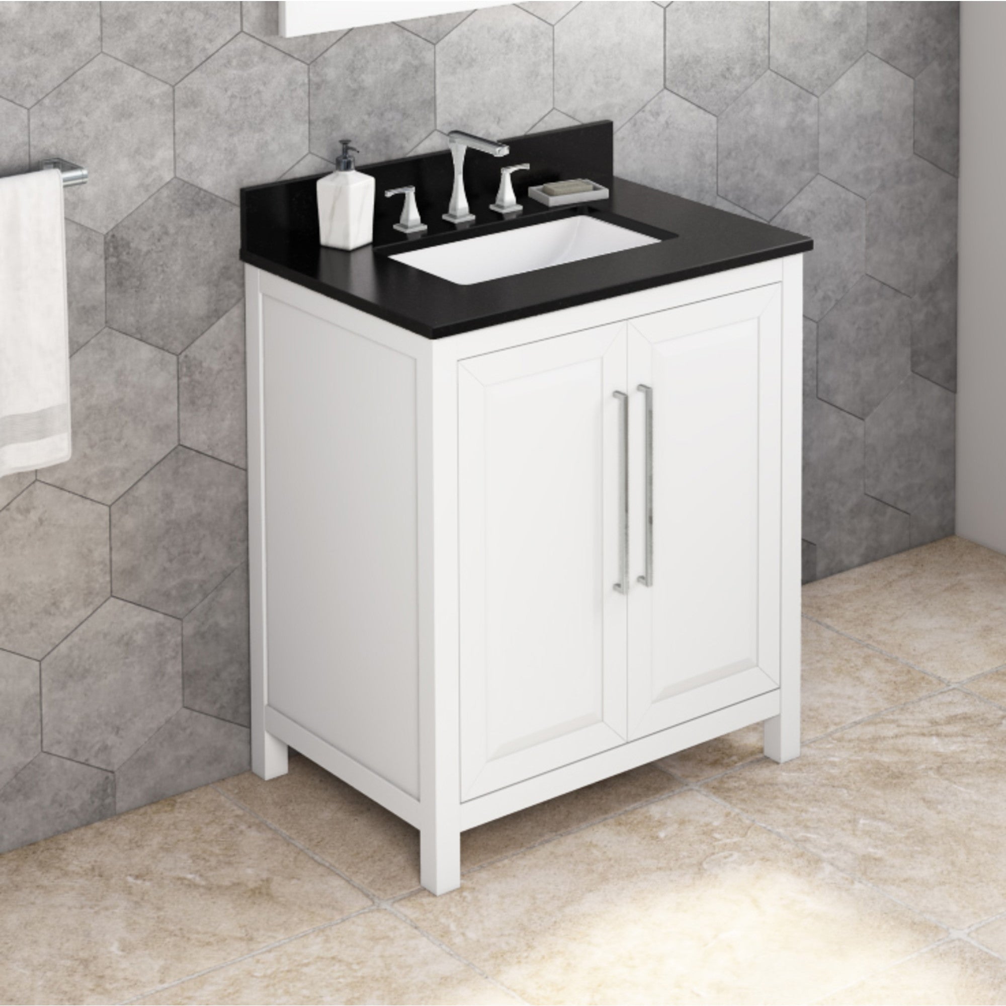 30" White Cade Vanity, Black Granite Vanity Top, undermount rectangle bowl