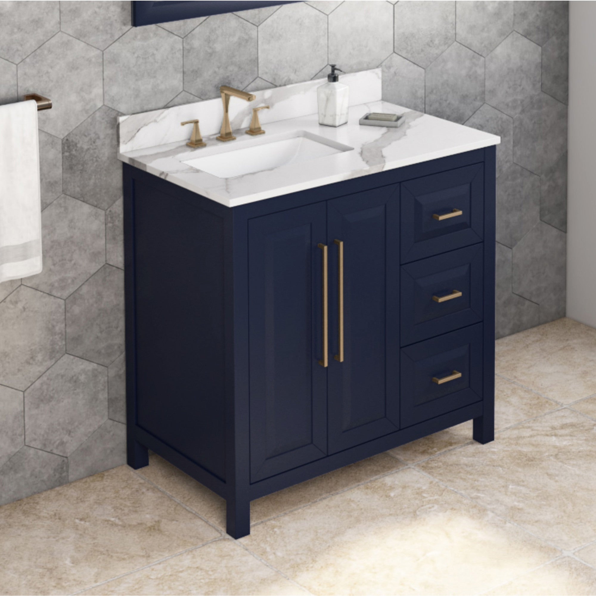 36" Hale Blue Cade Vanity, left offset, Calacatta Vienna Quartz Vanity Top, undermount rectangle bowl