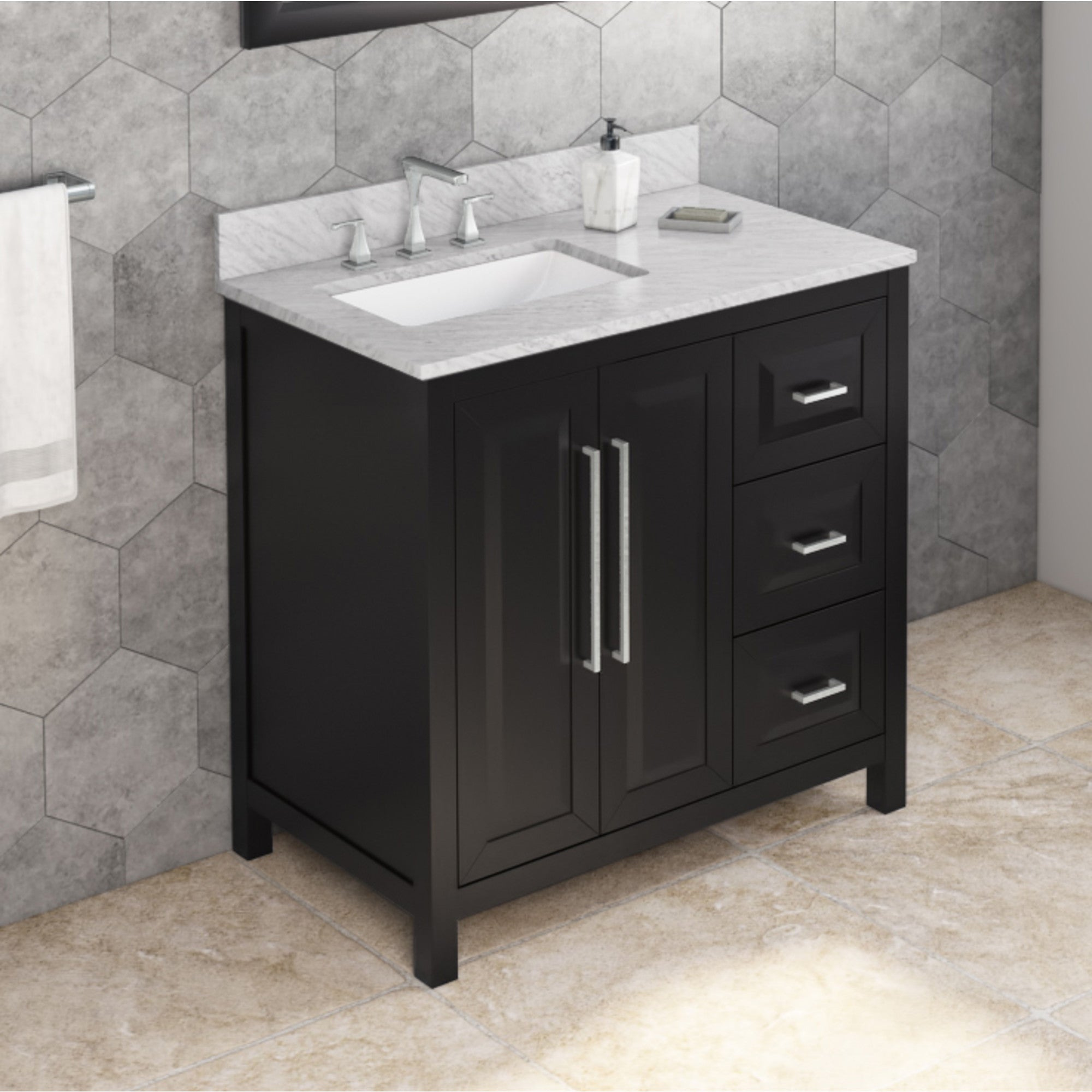 36" Black Cade Vanity, left offset, White Carrara Marble Vanity Top, undermount rectangle bowl