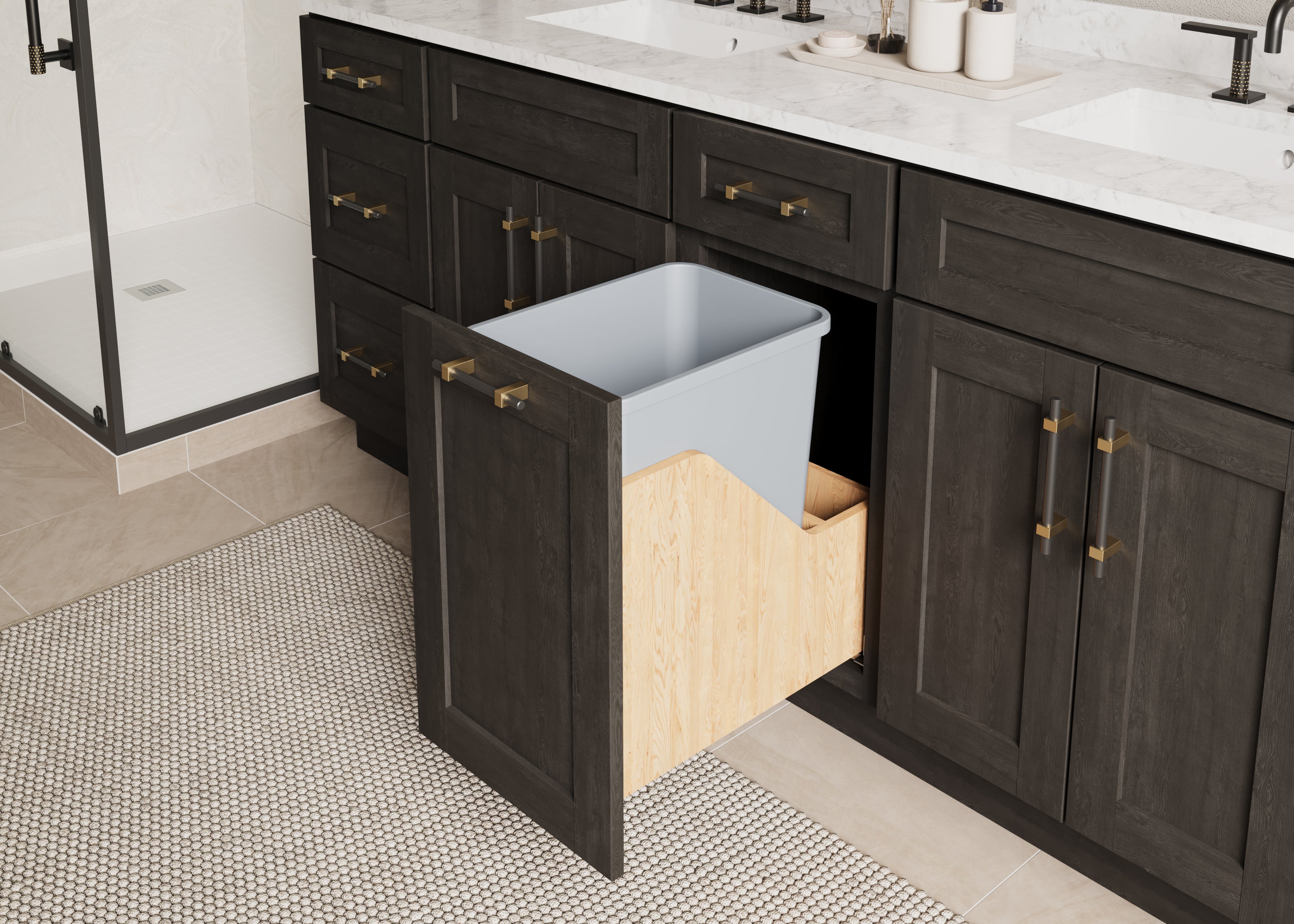Single 35 Quart Wood Bottom-Mount Soft-close Vanity Trashcan Rollout for Door Mounting, Includes One Grey Can