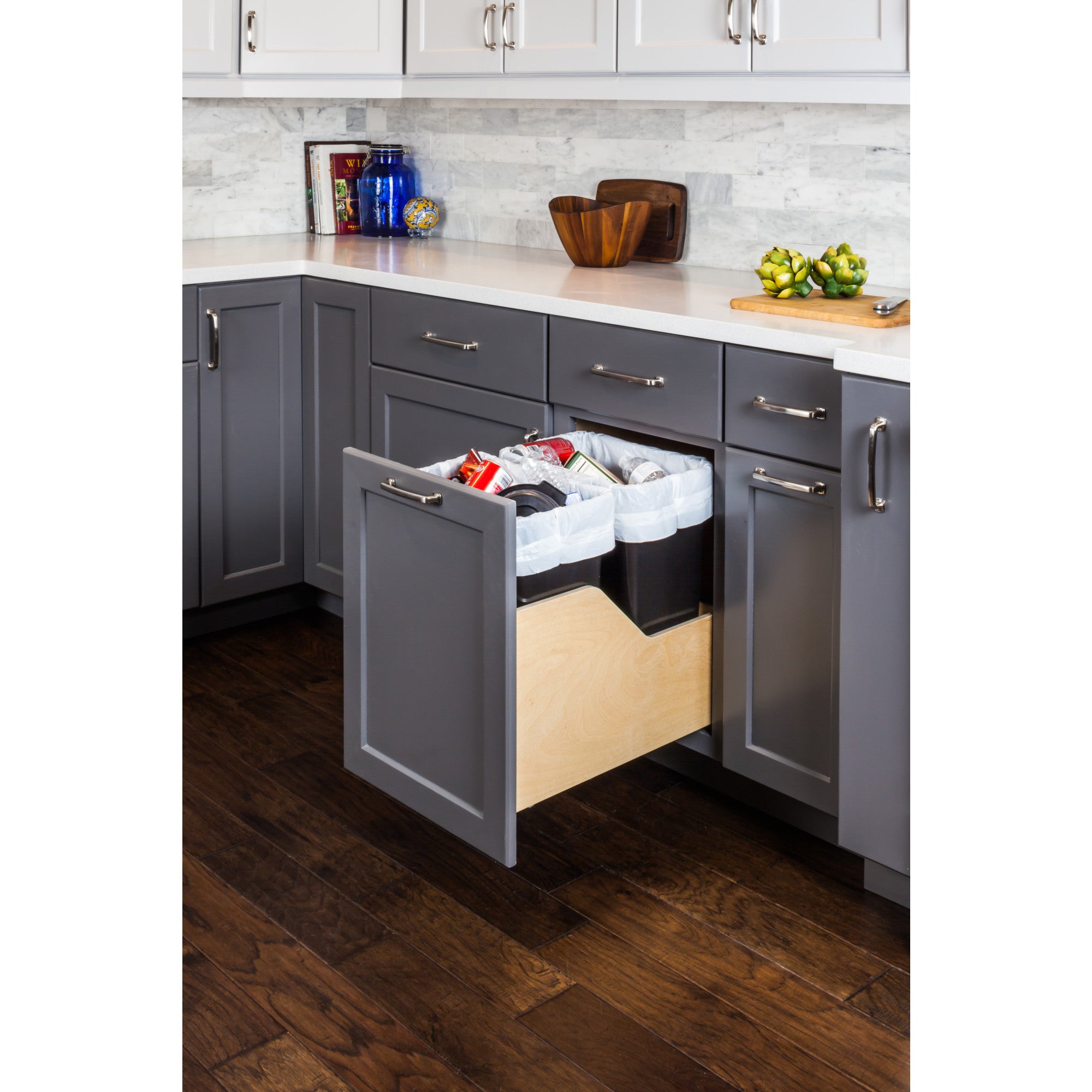 Double 35 Quart Wood Bottom-Mount Soft-close Trashcan Rollout for Door Mounting, Includes Two Black Cans