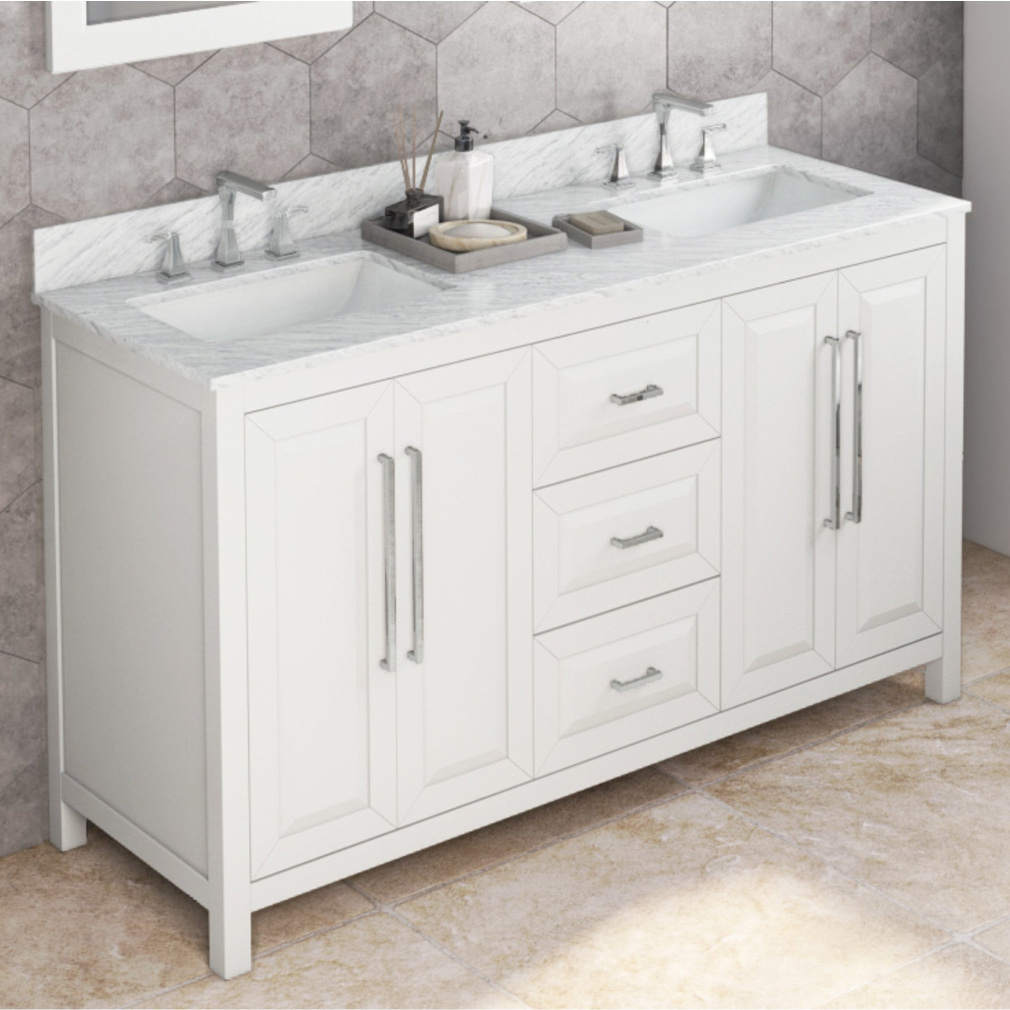 60" White Cade Vanity, double bowl, White Carrara Marble Vanity Top, undermount rectangle bowl
