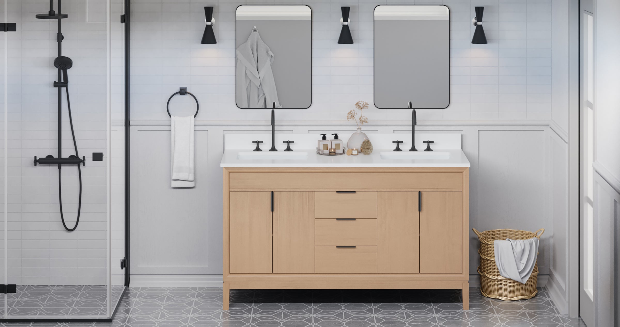 60" Theodora Vanity – Double Bowl – Natural Oak