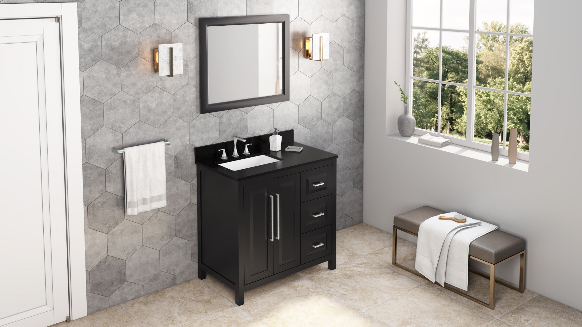 36" Black Cade Vanity, left offset, Black Granite Vanity Top, undermount rectangle bowl
