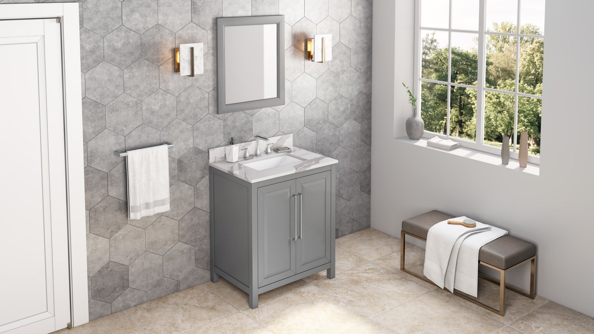 30" Grey Cade Vanity, Calacatta Vienna Quartz Vanity Top, undermount rectangle bowl