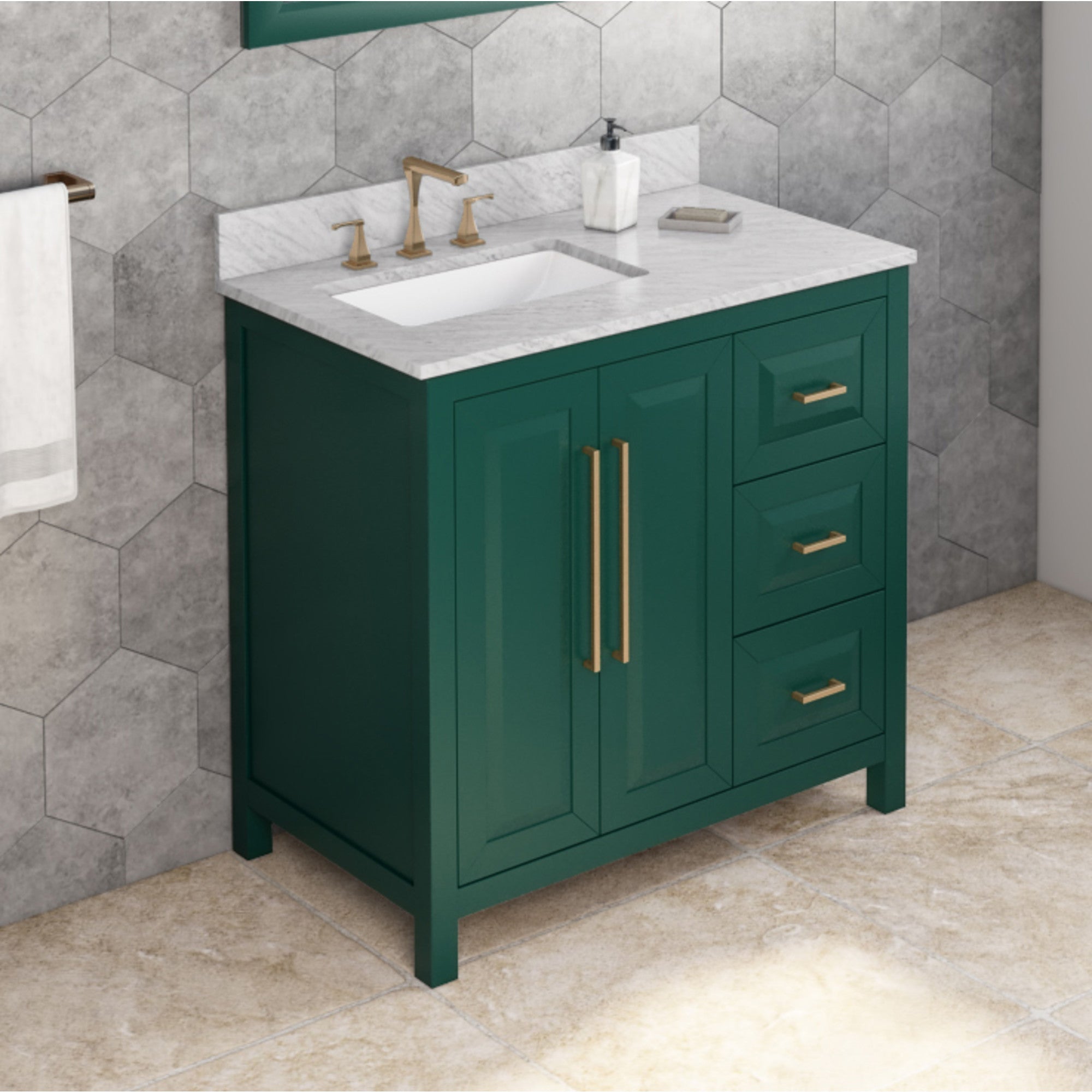 36" Forest Green Cade Vanity, left offset, White Carrara Marble Vanity Top, undermount rectangle bowl
