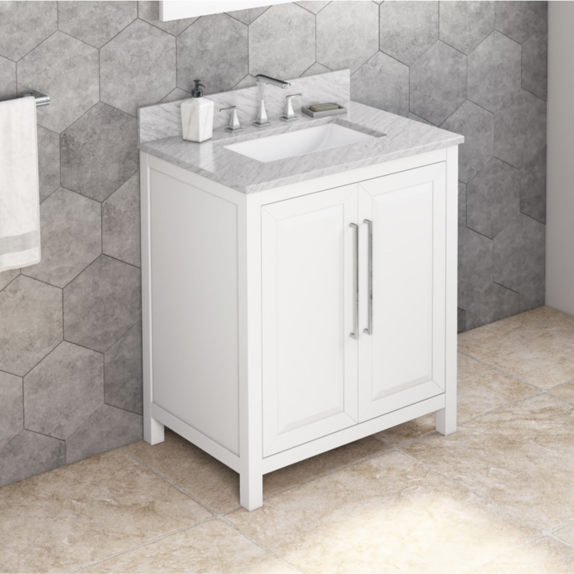 30" White Cade Vanity, White Carrara Marble Vanity Top, undermount rectangle bowl