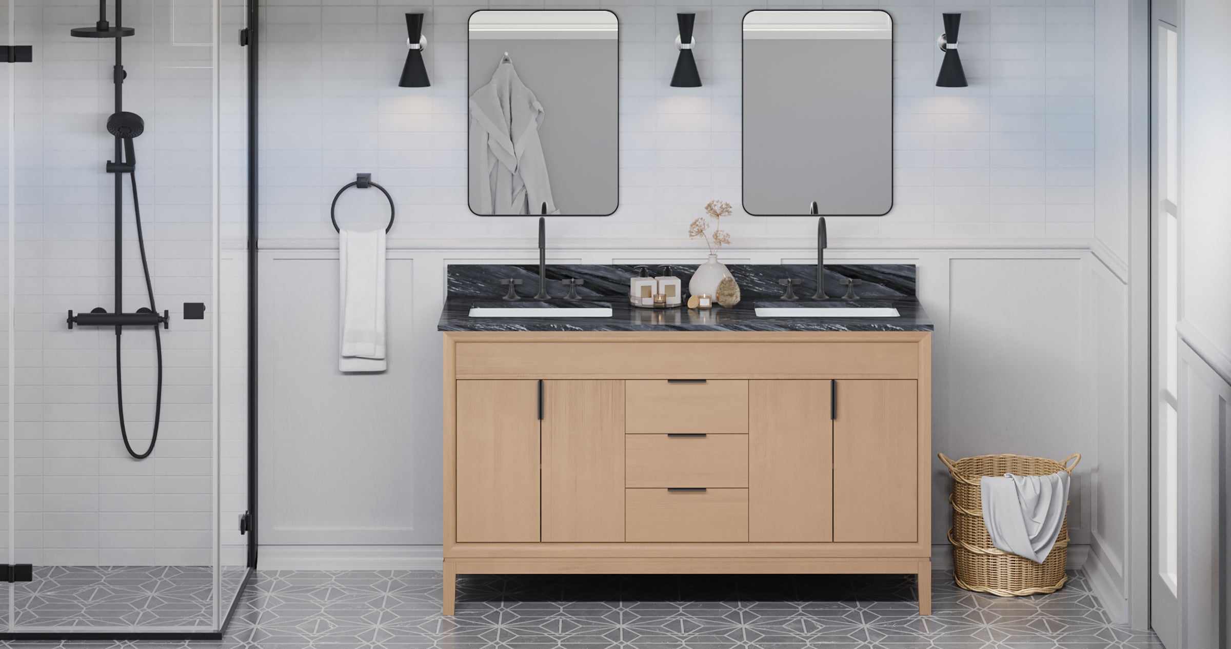 60" Theodora Vanity – Double Bowl – Natural Oak