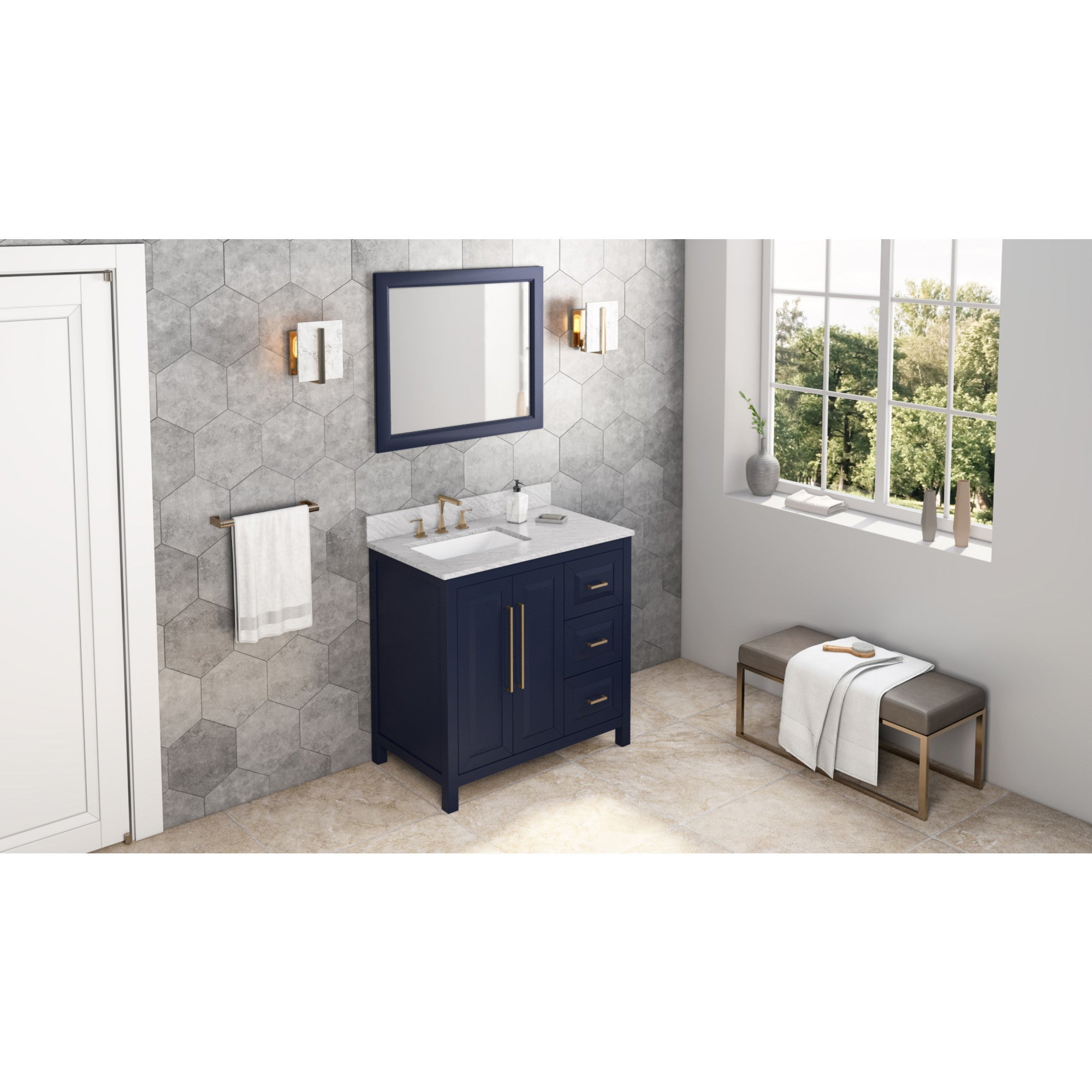 36" Cade Vanity – Left Offset - Hale Blue - White Carrara Marble