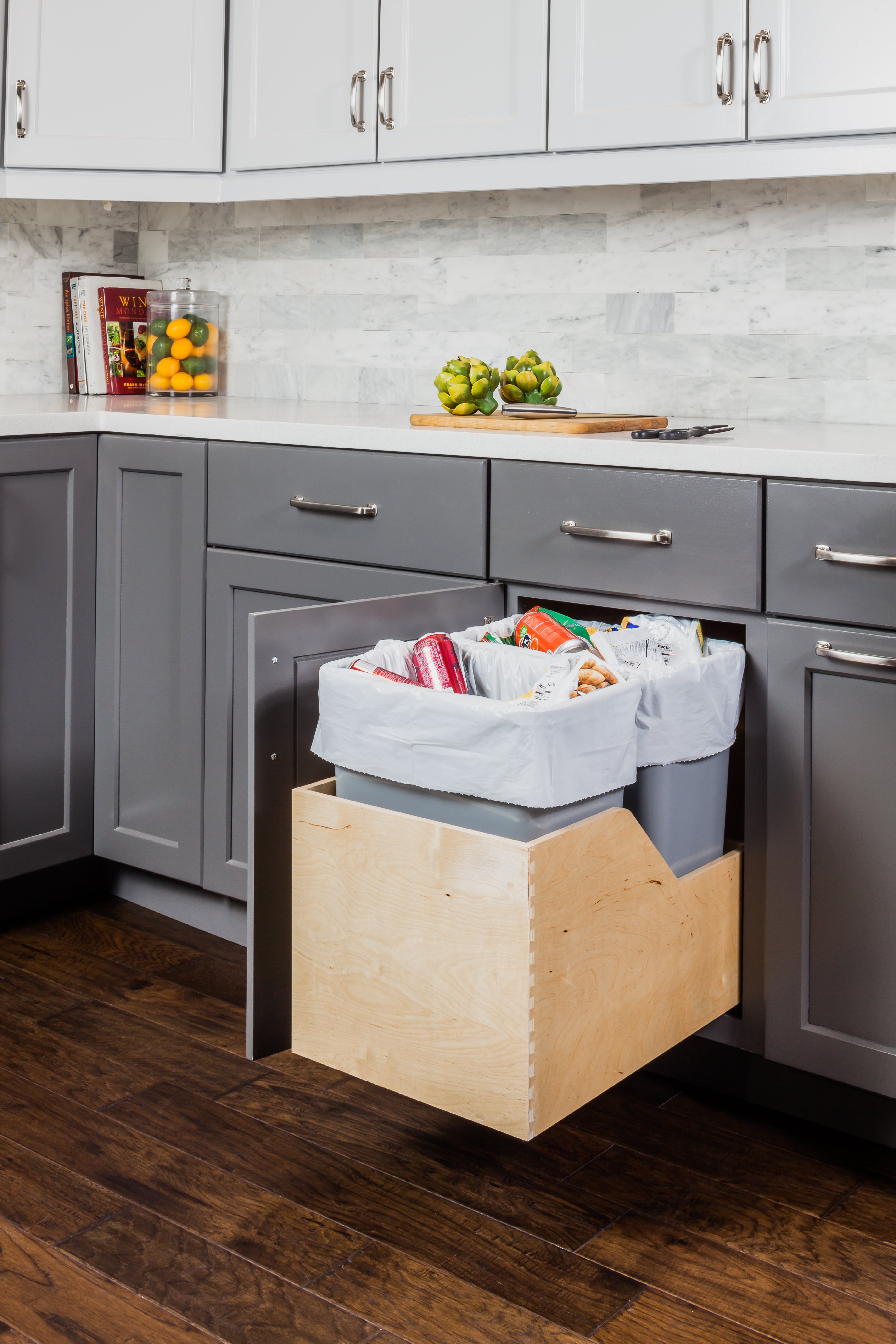 Double 35 Quart Wood Bottom-Mount Soft-close Trashcan Rollout for Hinged Doors, Includes Two Grey Cans