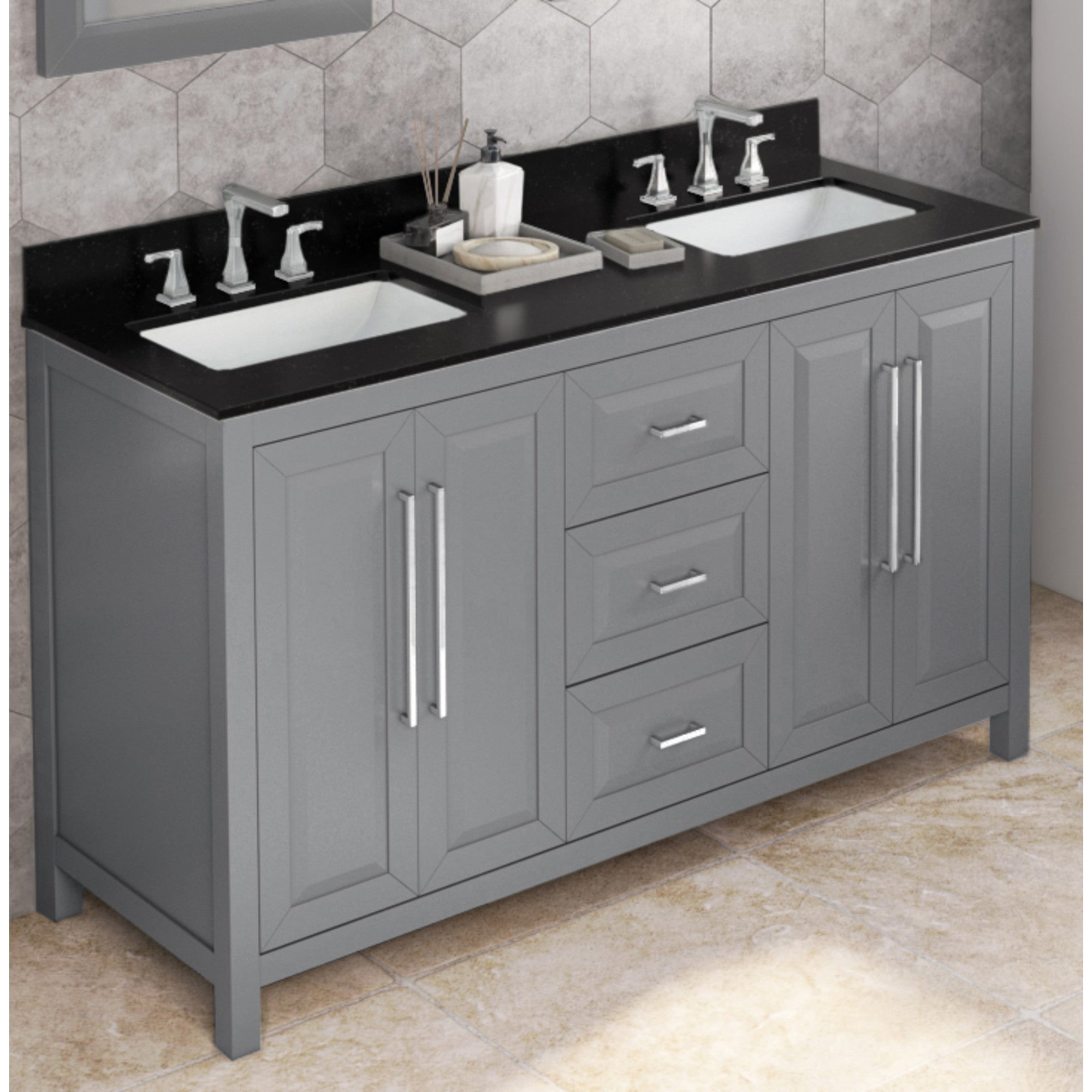 60" Grey Cade Vanity, double bowl, Black Granite Vanity Top, undermount rectangle bowl