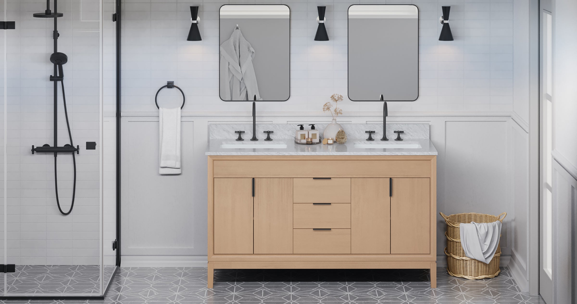60" Theodora Vanity – Double Bowl – Natural Oak