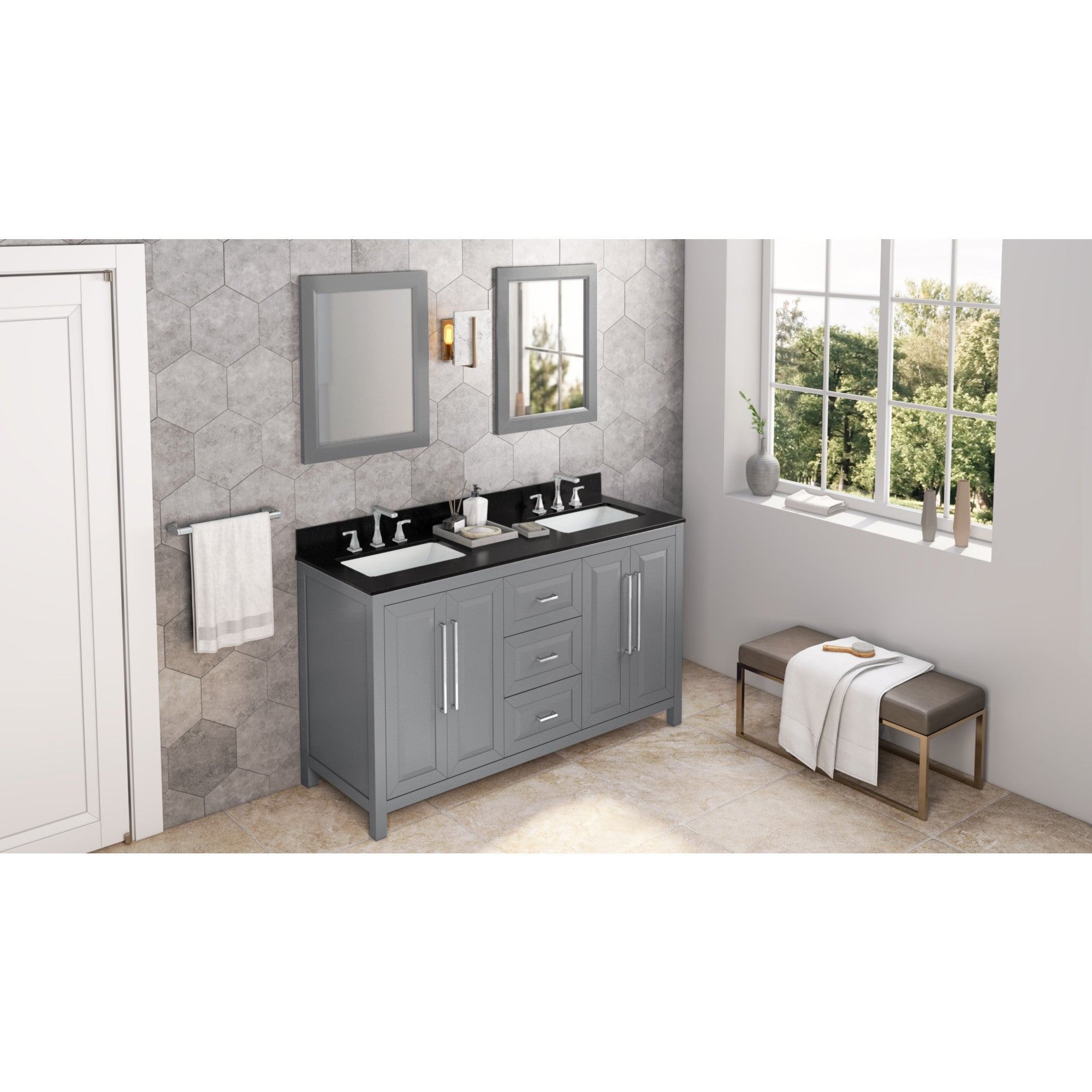 60" Cade Vanity – Double Bowl - Grey - Black Granite