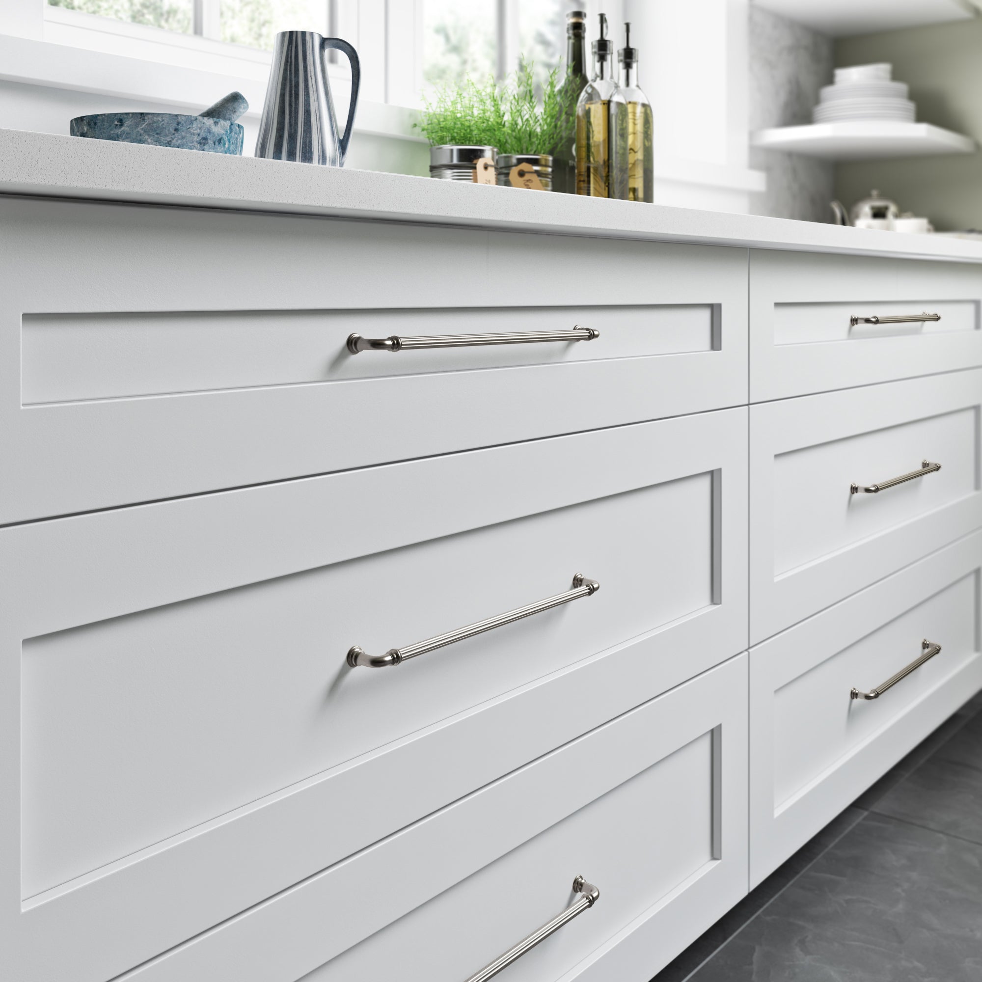 Reeded 12" Center to Center Bar Pull - Brushed Satin Nickel