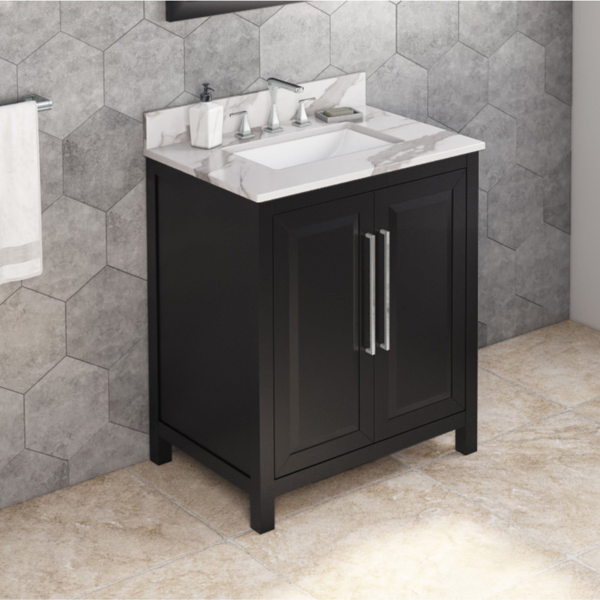 30" Black Cade Vanity, Calacatta Vienna Quartz Vanity Top, undermount rectangle bowl