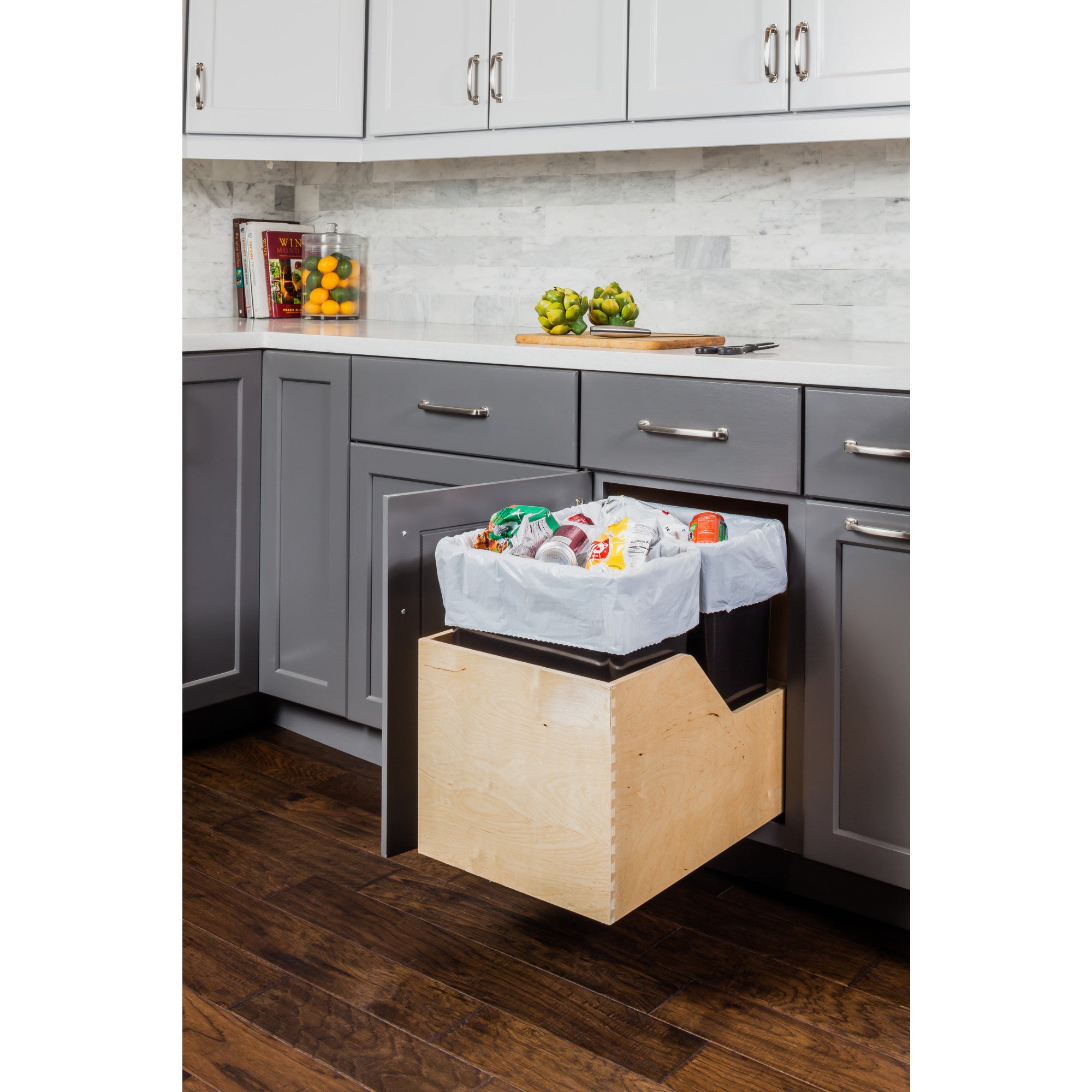 Double 35 Quart Wood Bottom-Mount Soft-close Trashcan Rollout for Hinged Doors, Includes Two Black Cans