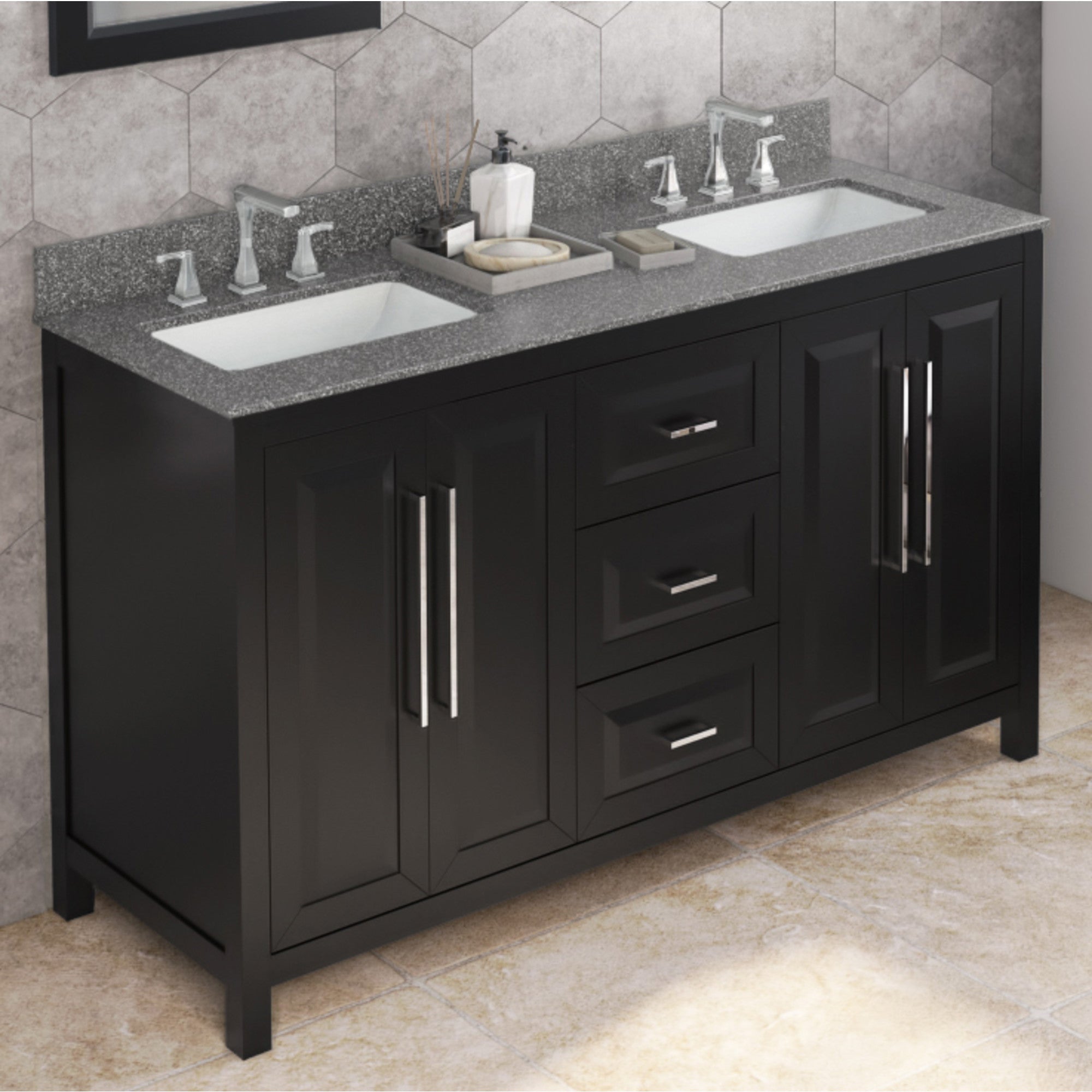 60" Black Cade Vanity, double bowl, Boulder Cultured Marble Vanity Top, two undermount rectangle bowls