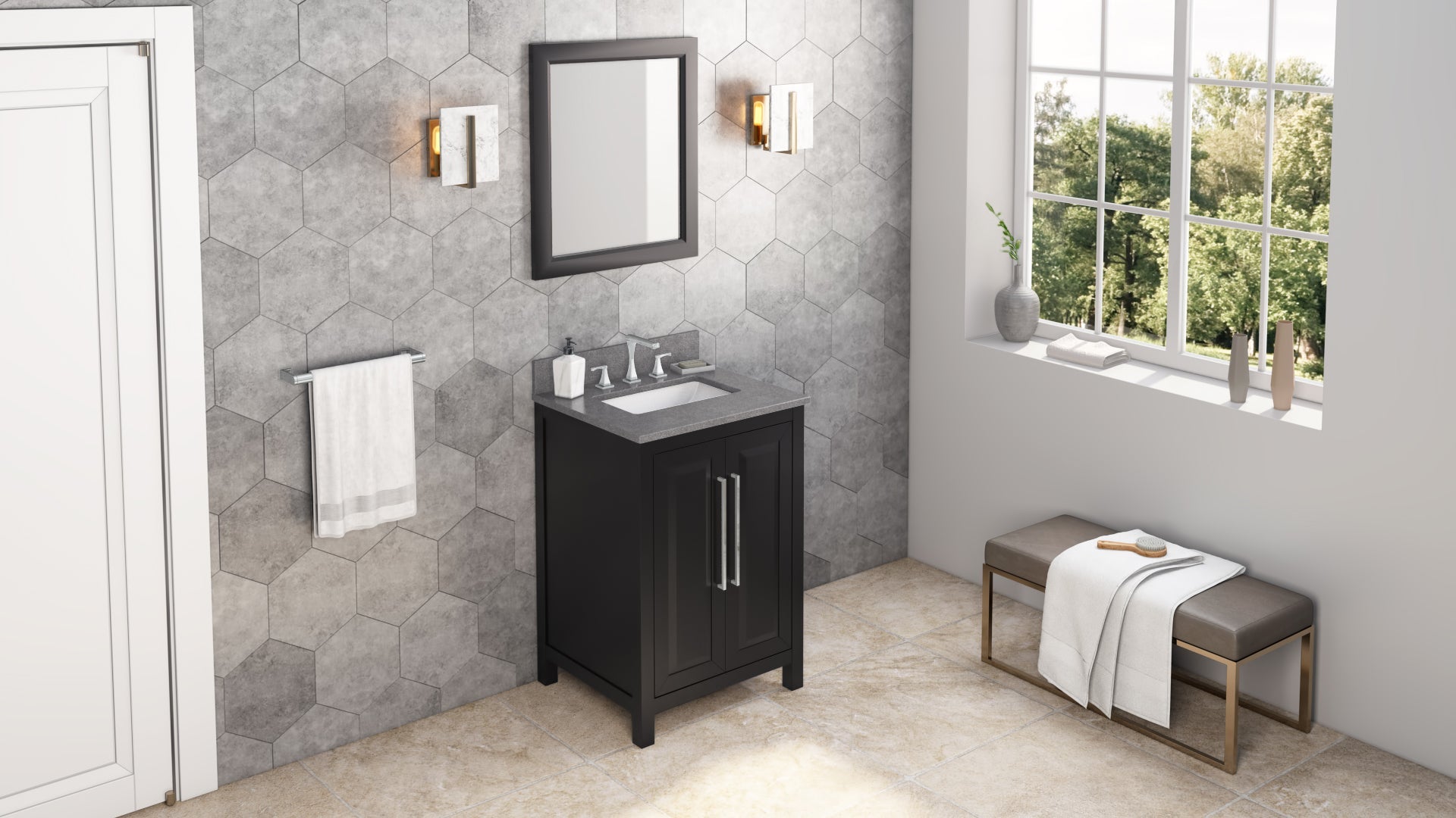 24" Black Cade Vanity, Steel Grey Cultured Marble Vanity Top, undermount rectangle bowl