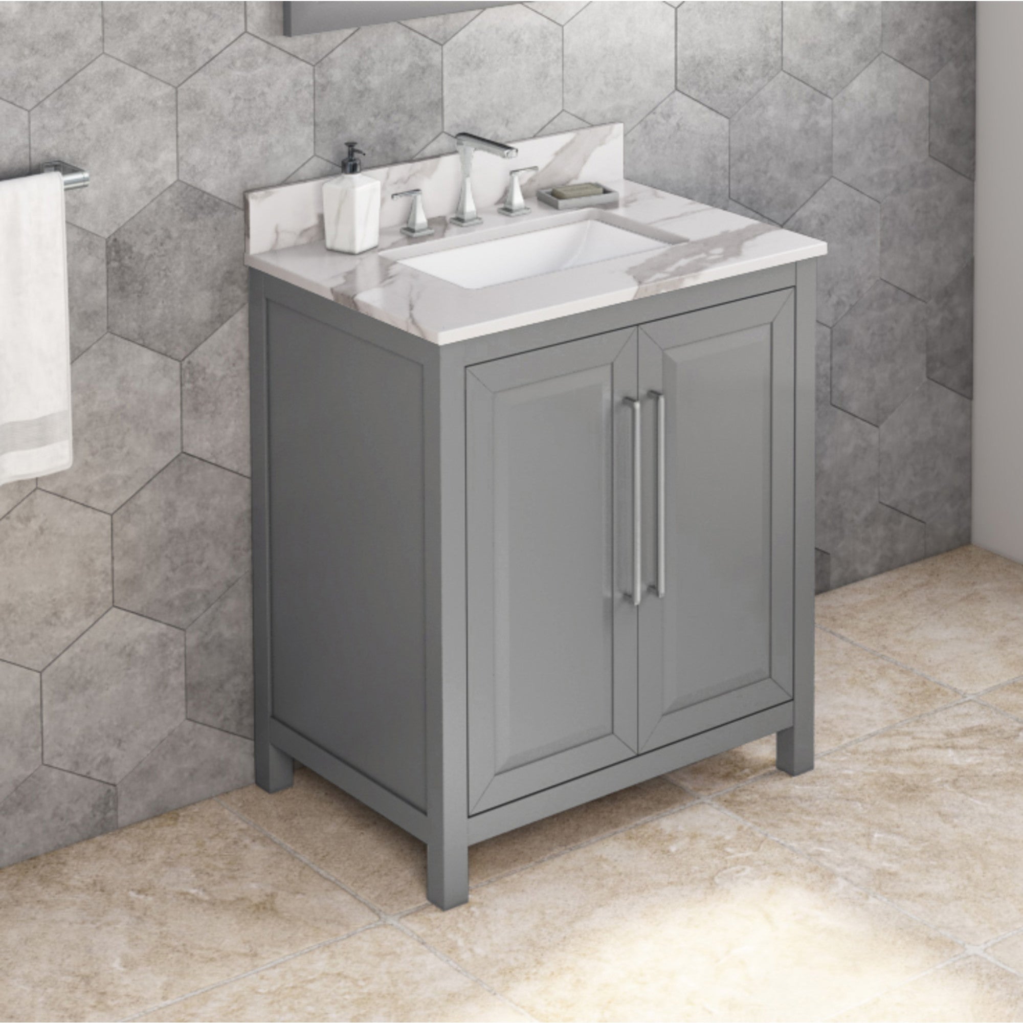 30" Grey Cade Vanity, Calacatta Vienna Quartz Vanity Top, undermount rectangle bowl