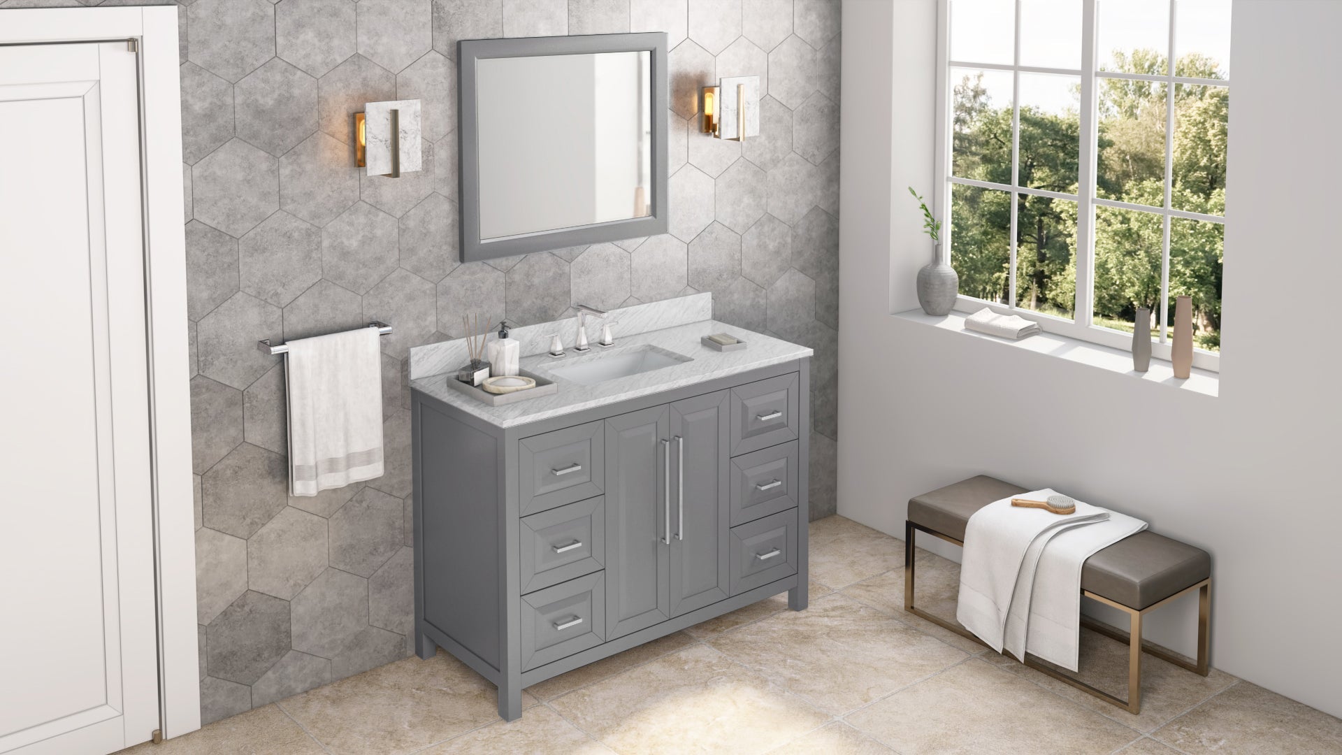 48" Grey Cade Vanity, White Carrara Marble Vanity Top, undermount rectangle bowl